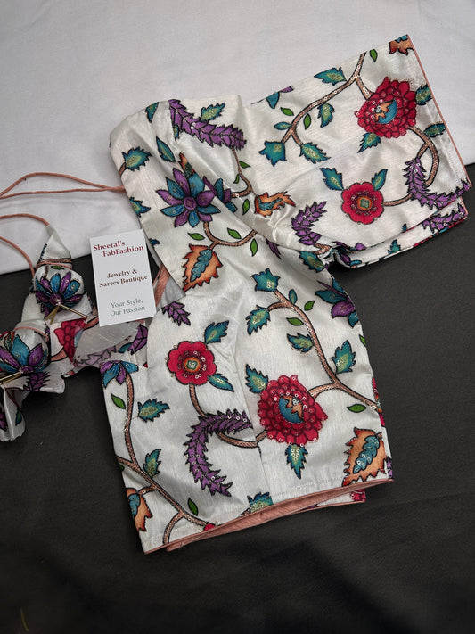 Half White Multi Color Kalamakari Ready Made Blouse - 