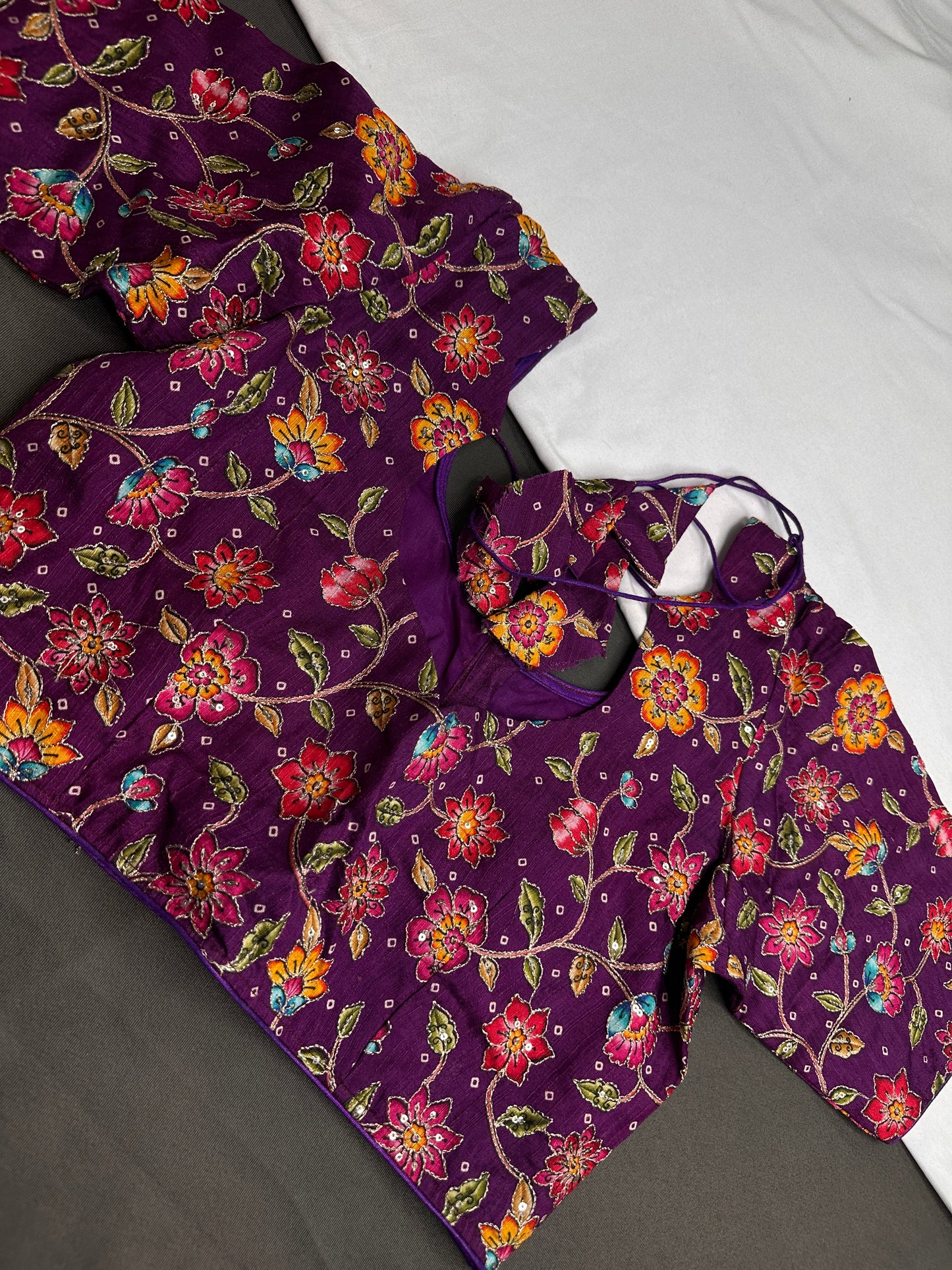 Purple Multi Color Pen Kalamakari Ready Made Blouse - 