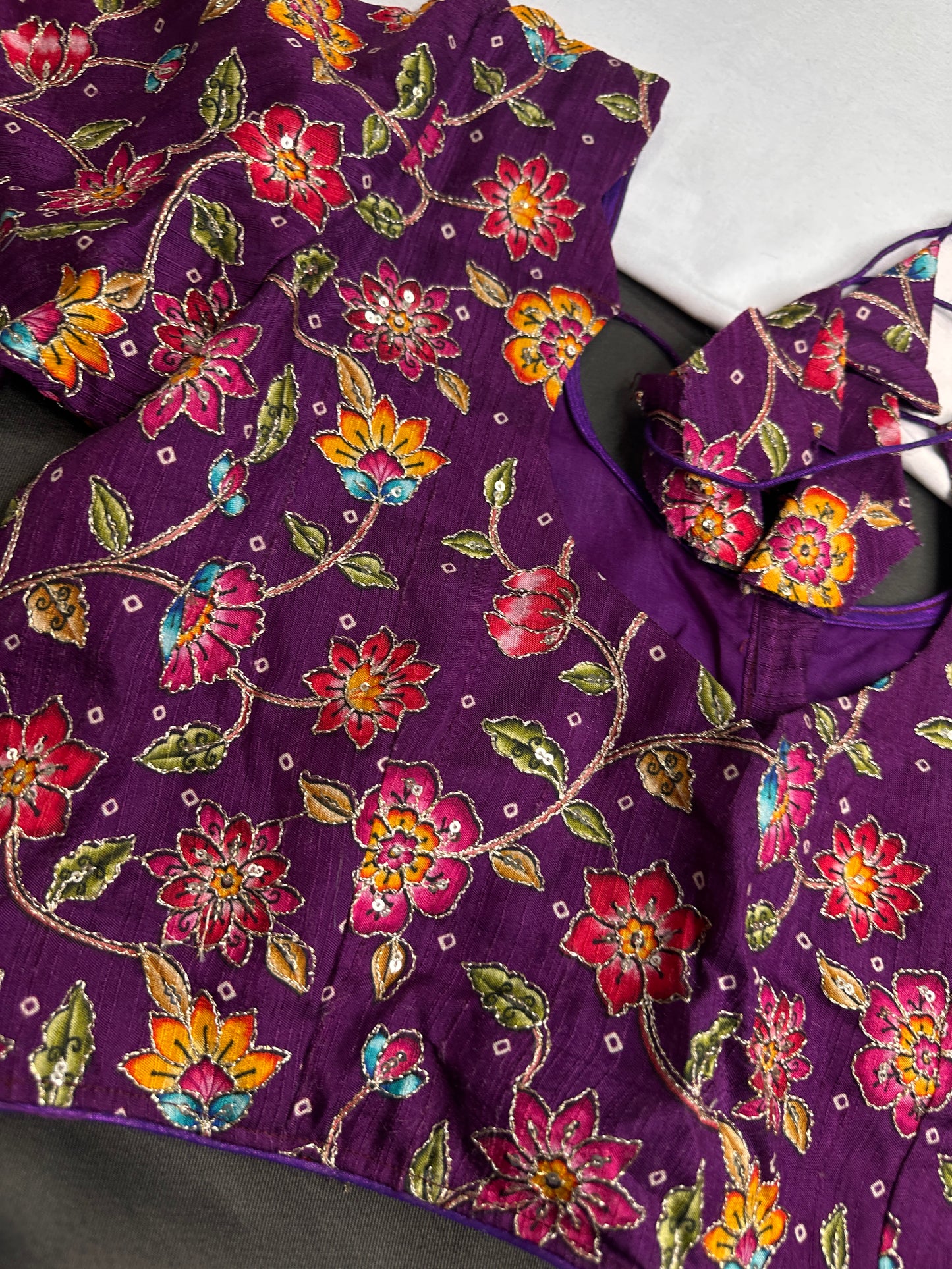 Purple Multi Color Pen Kalamakari Ready Made Blouse - 