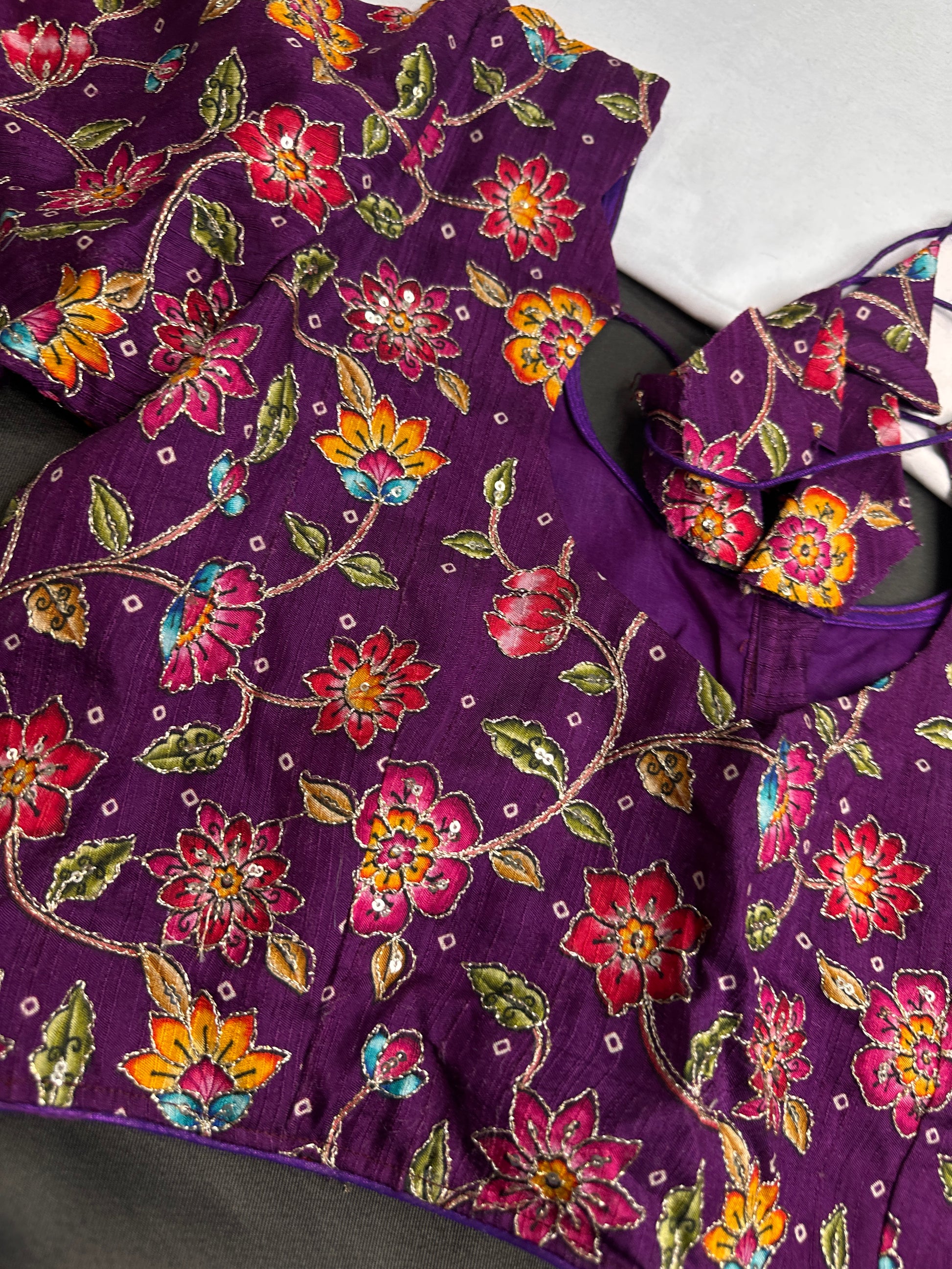 Purple Multi Color Pen Kalamakari Ready Made Blouse - 