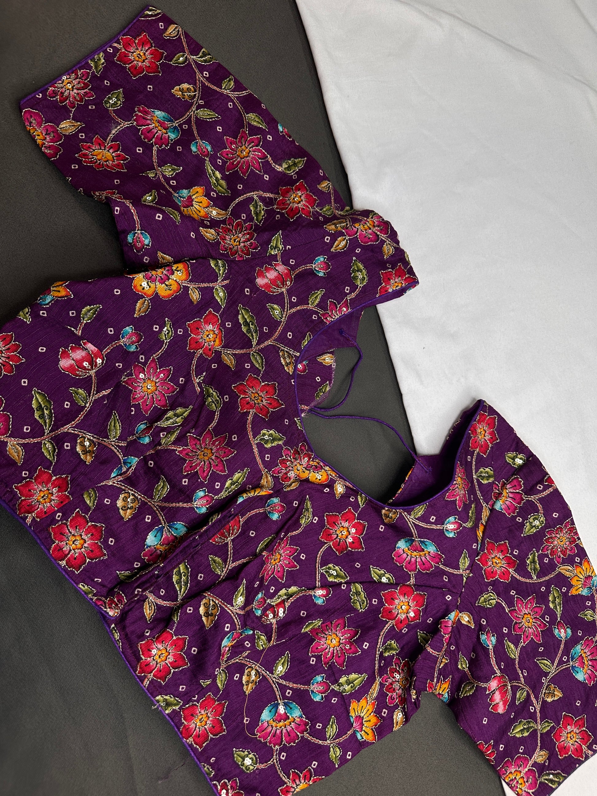 Purple Multi Color Pen Kalamakari Ready Made Blouse - 