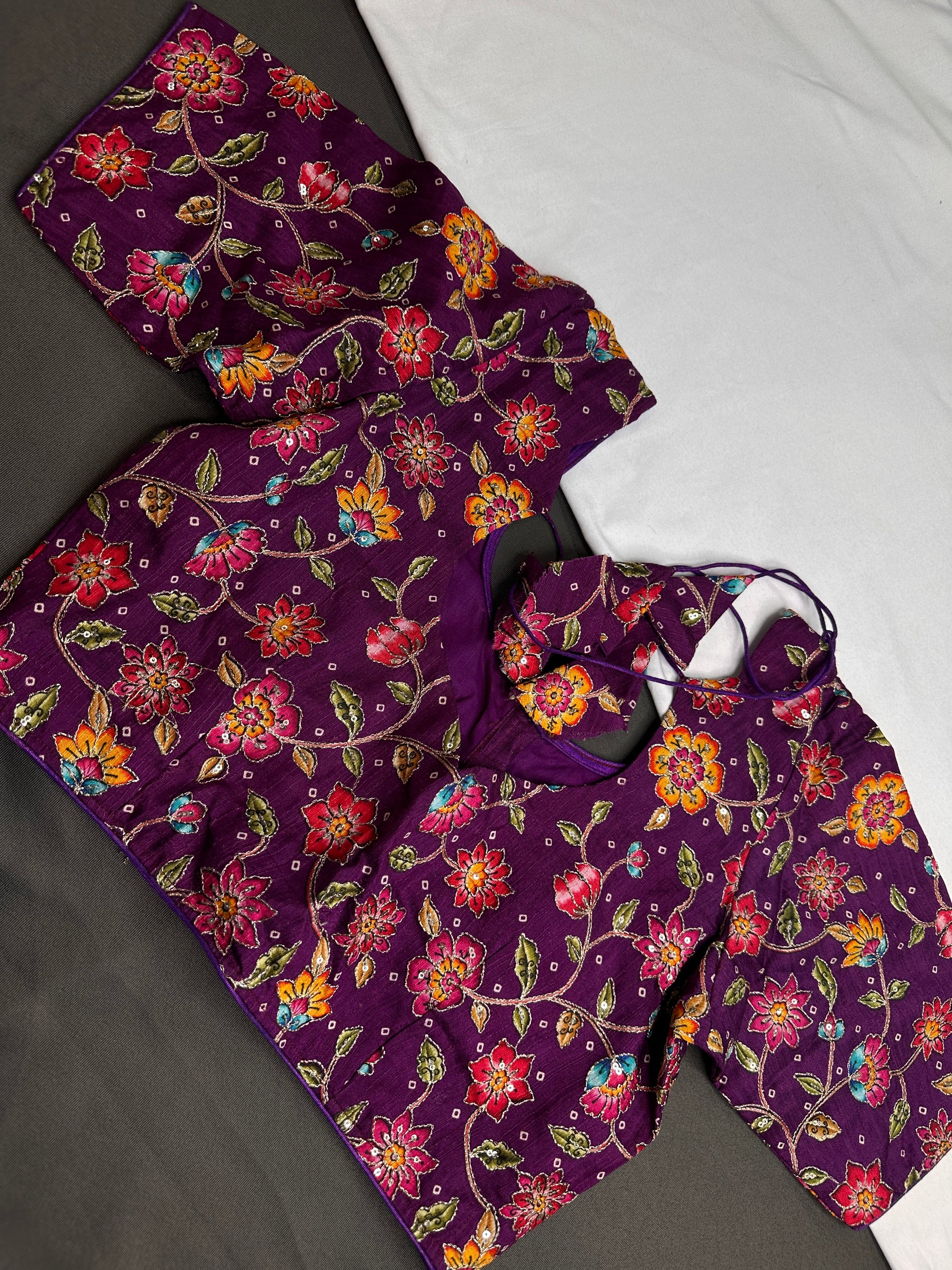 Purple Multi Color Pen Kalamakari Ready Made Blouse - 
