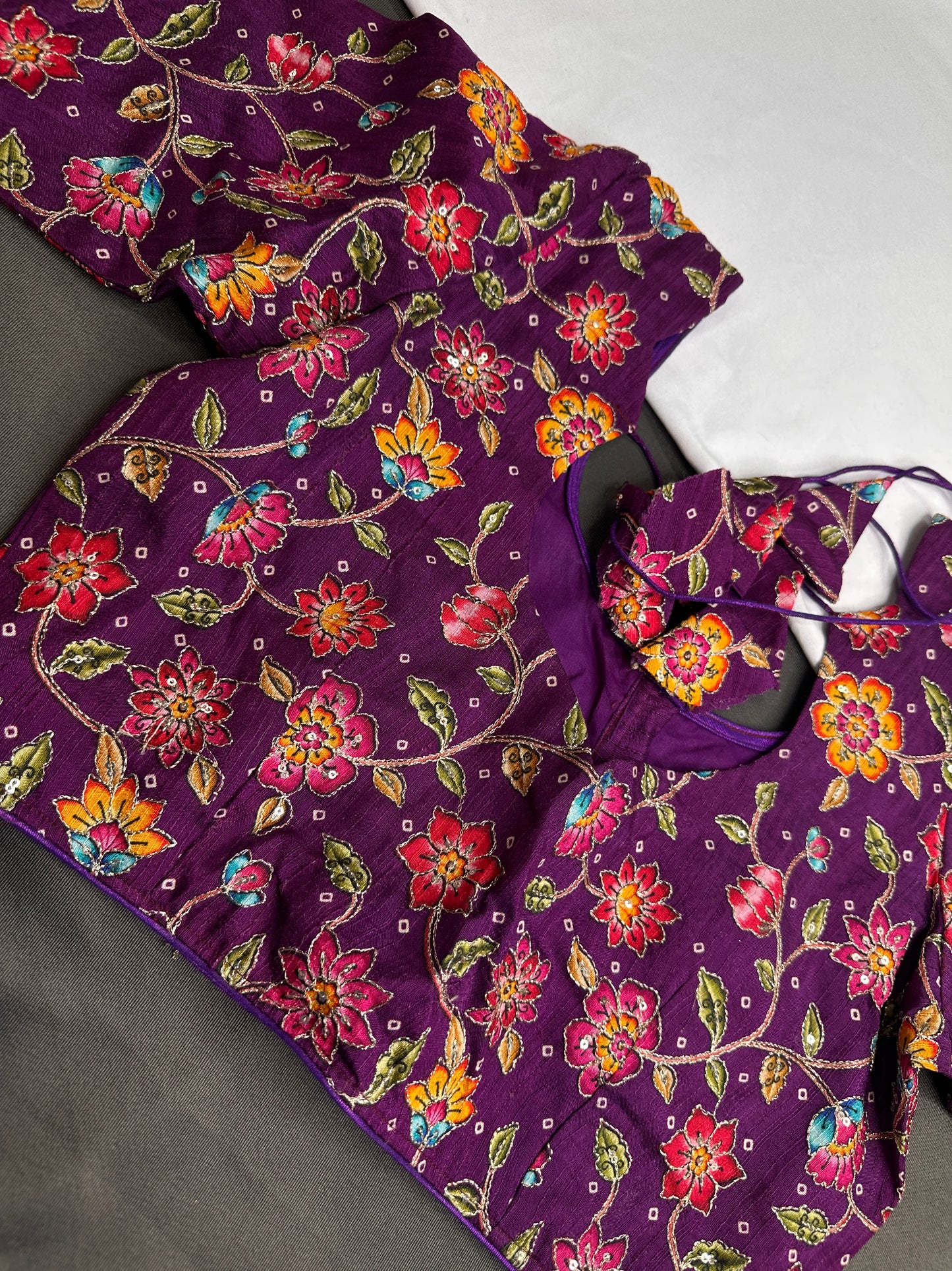 Purple Multi Color Pen Kalamakari Ready Made Blouse - 