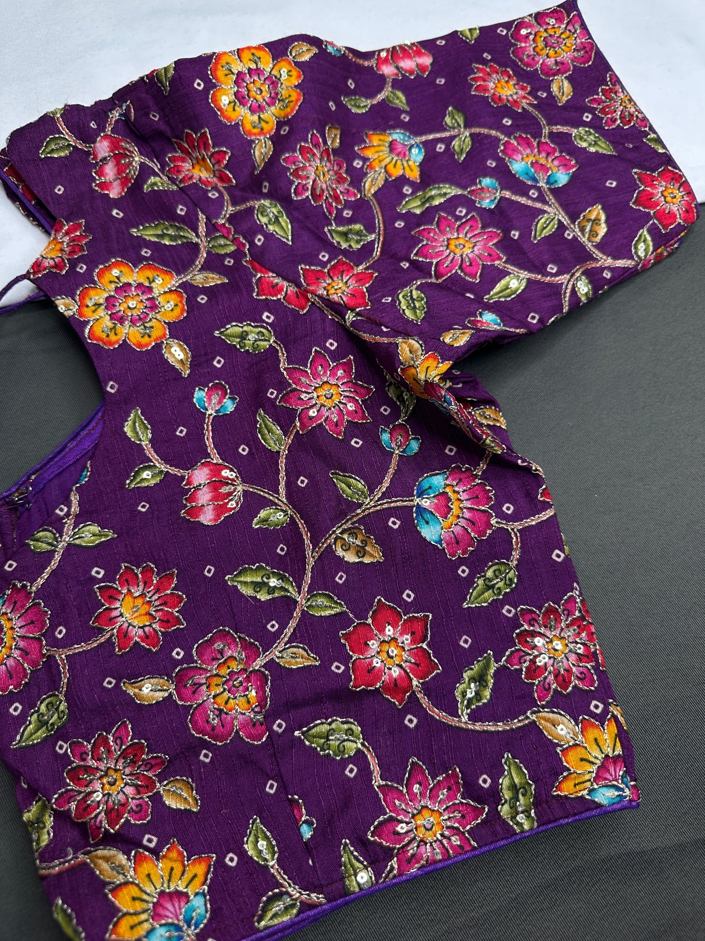 Purple Multi Color Pen Kalamakari Ready Made Blouse - 