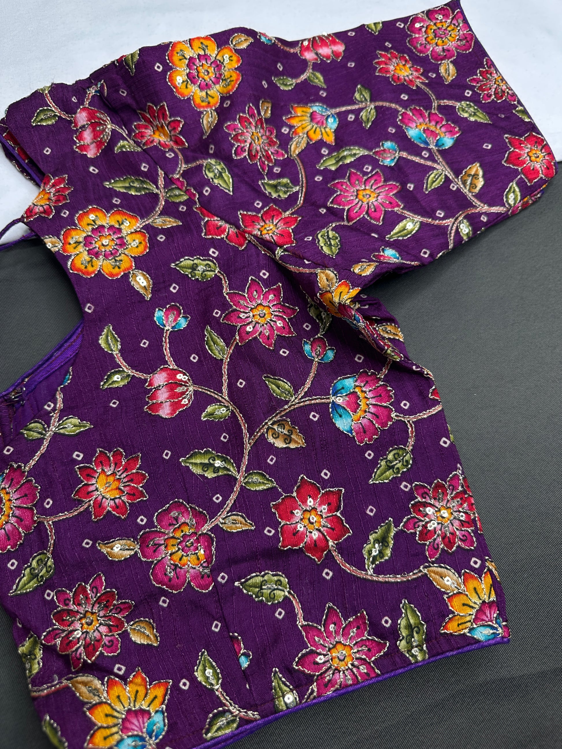 Purple Multi Color Pen Kalamakari Ready Made Blouse - 