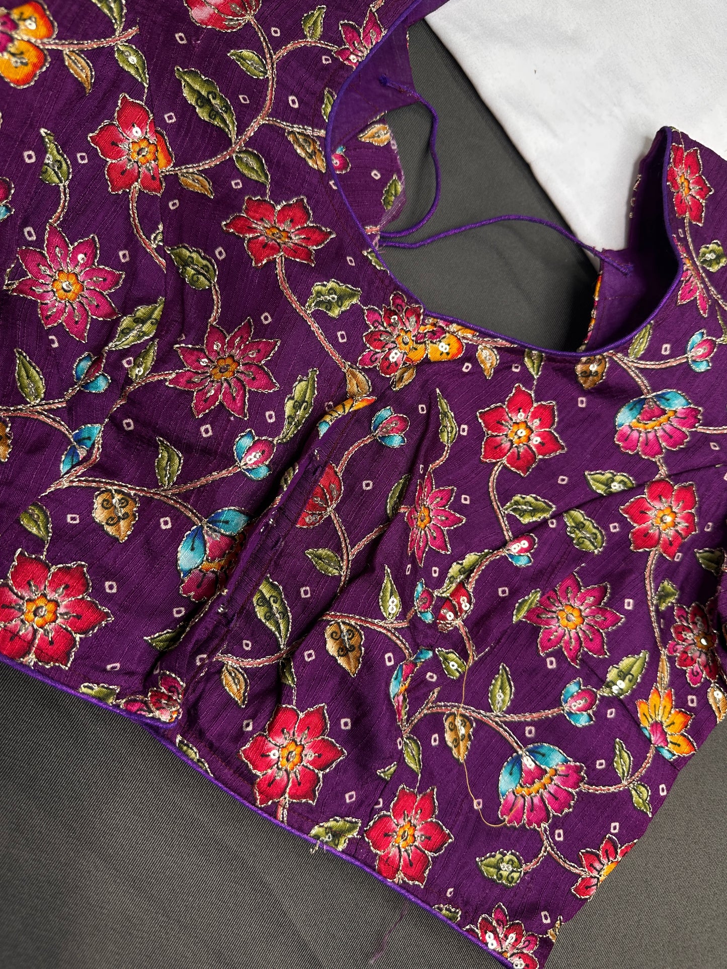 Purple Multi Color Pen Kalamakari Ready Made Blouse - 