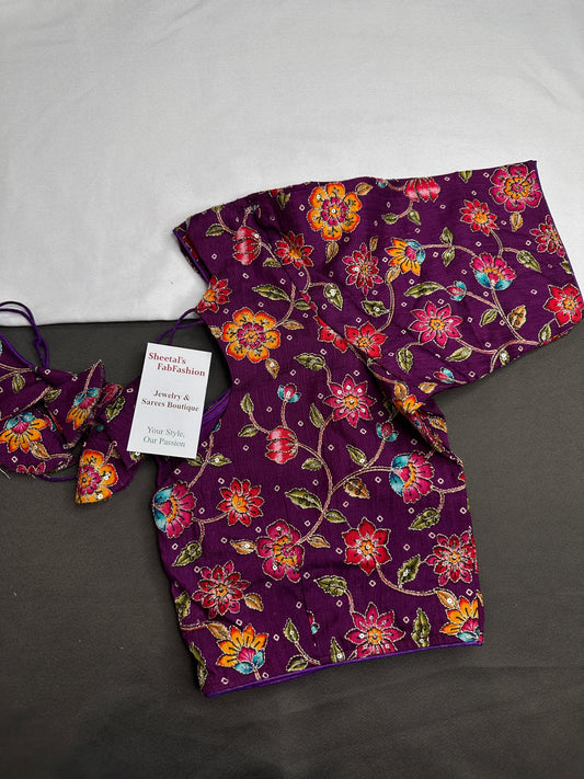 Purple Multi Color Pen Kalamakari Ready Made Blouse - 