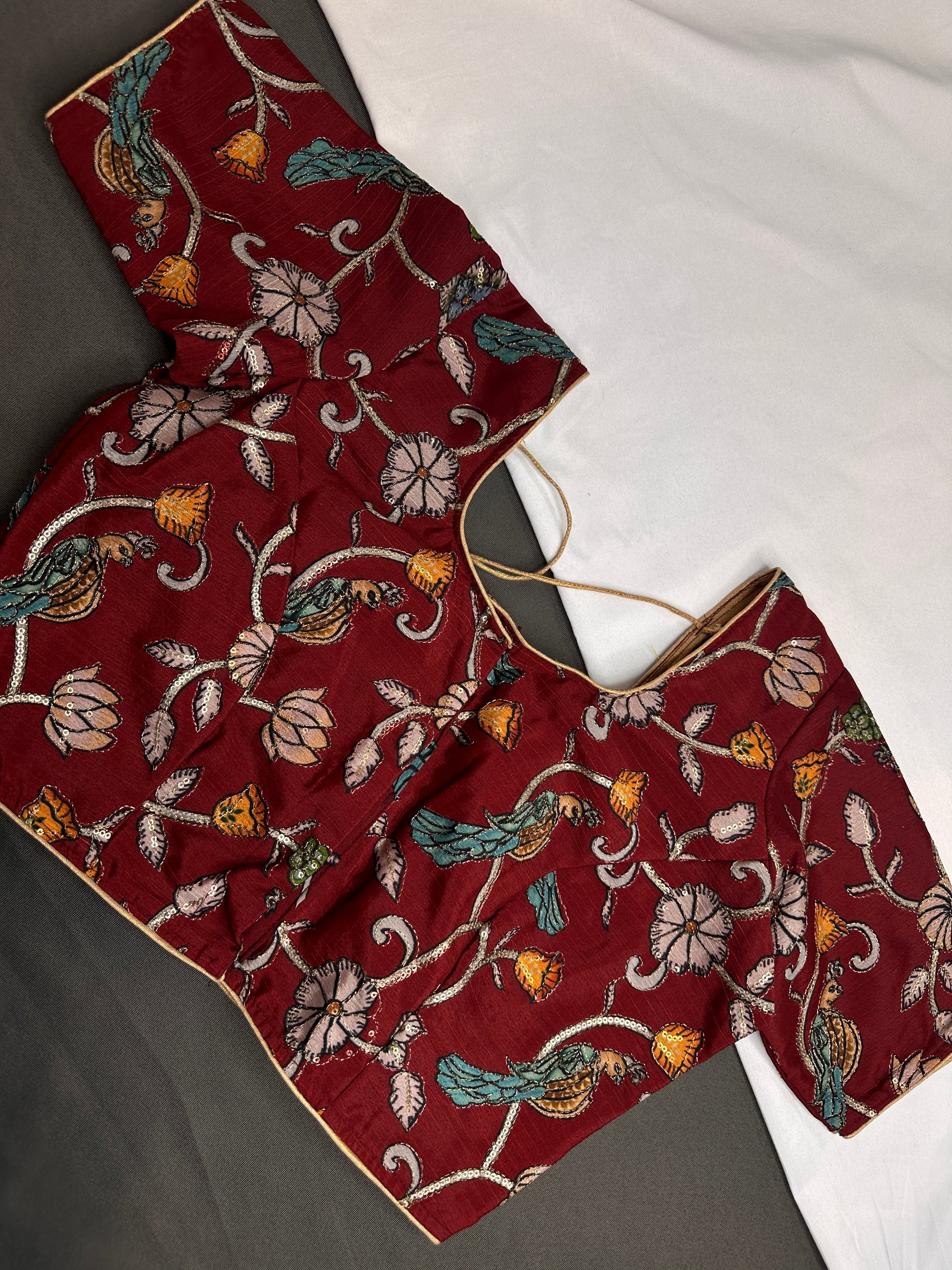 Brick Red Multi Color Pen Kalamakari Ready Made Blouse - 