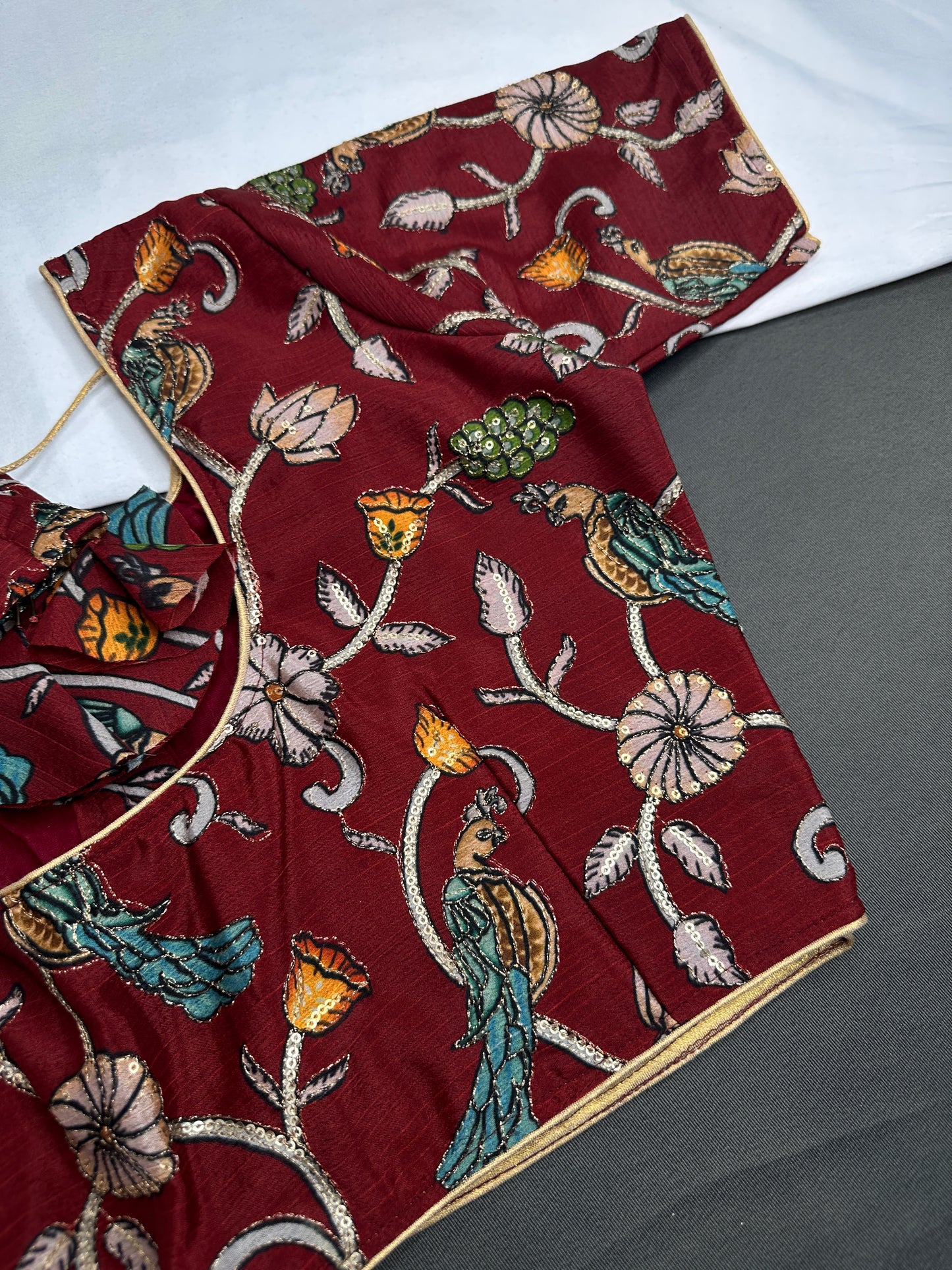Brick Red Multi Color Pen Kalamakari Ready Made Blouse - 