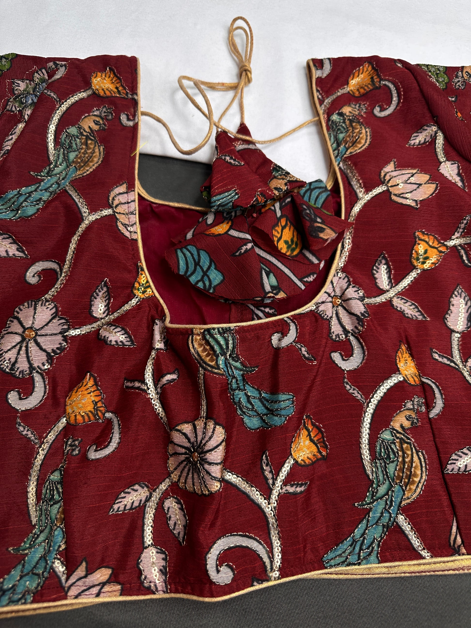 Brick Red Multi Color Pen Kalamakari Ready Made Blouse - 