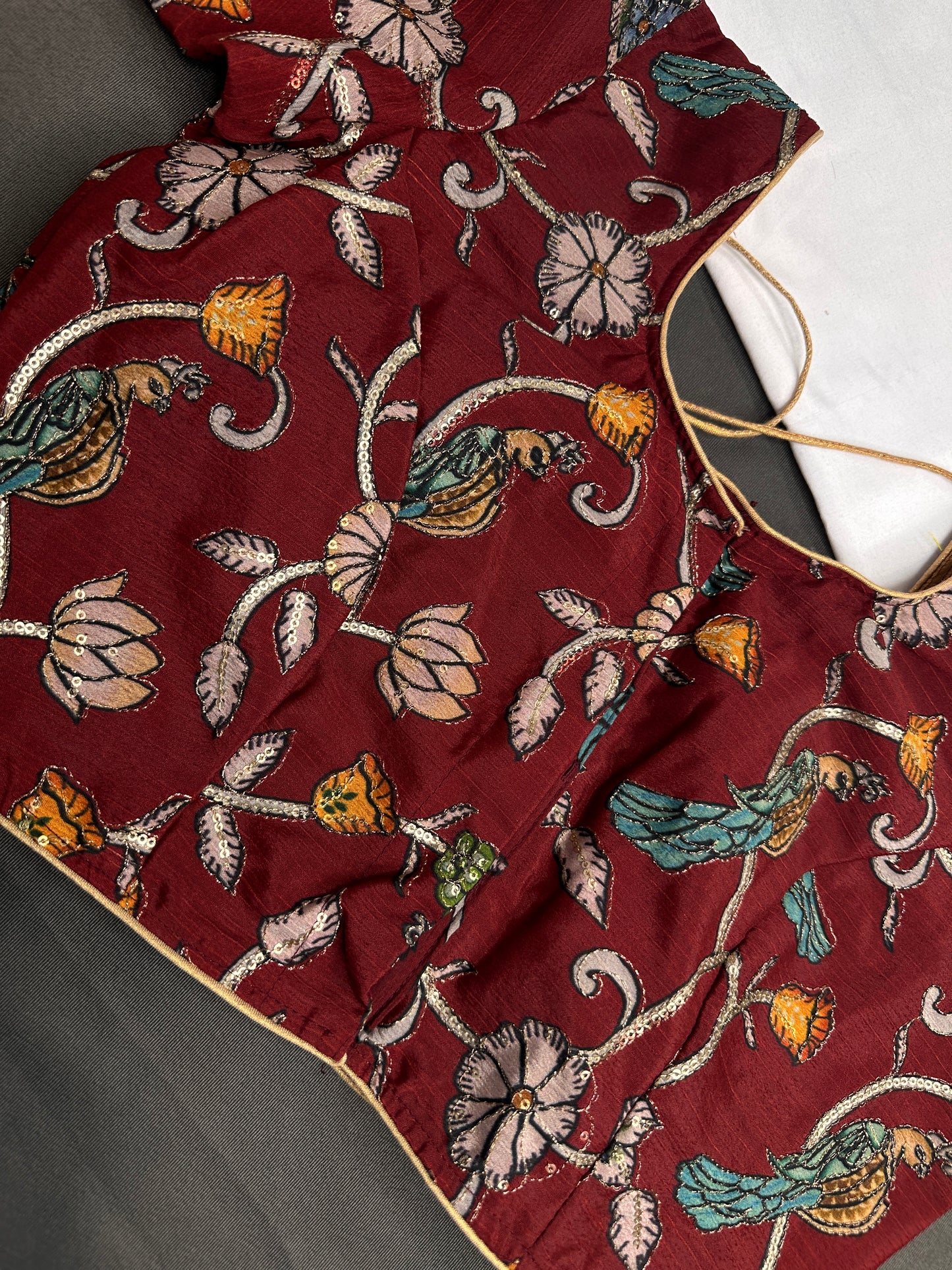 Brick Red Multi Color Pen Kalamakari Ready Made Blouse - 