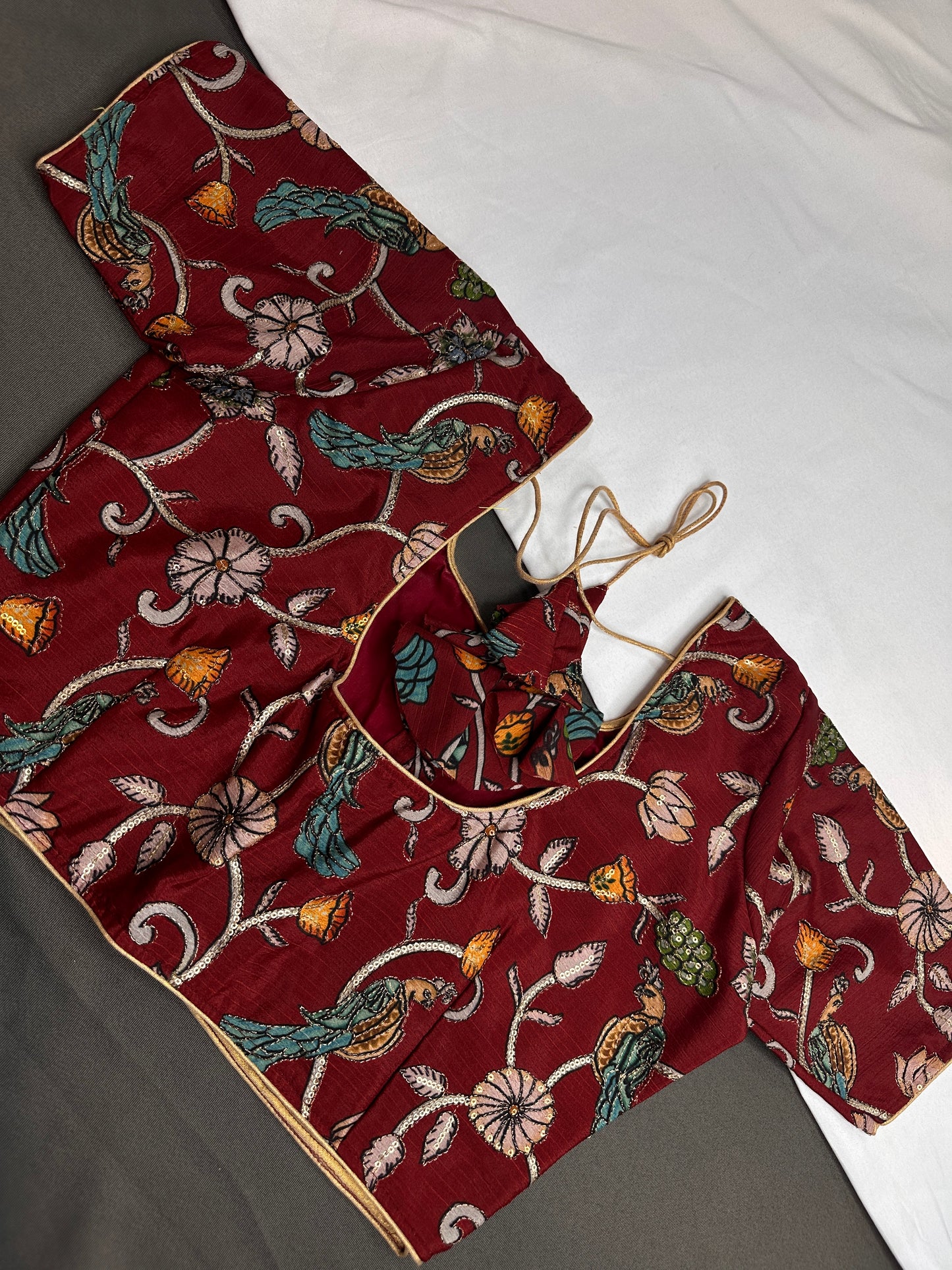 Brick Red Multi Color Pen Kalamakari Ready Made Blouse - 