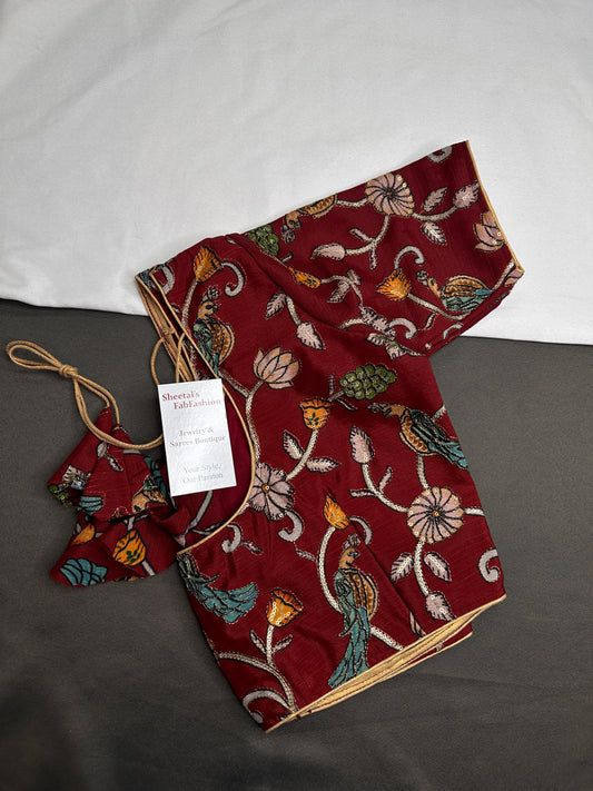 Brick Red Multi Color Pen Kalamakari Ready Made Blouse - 