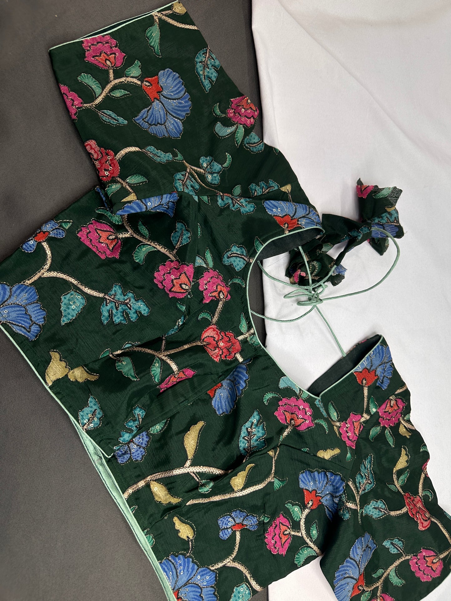 Green Multi Color Pen Kalamakari Ready Made Blouse - 
