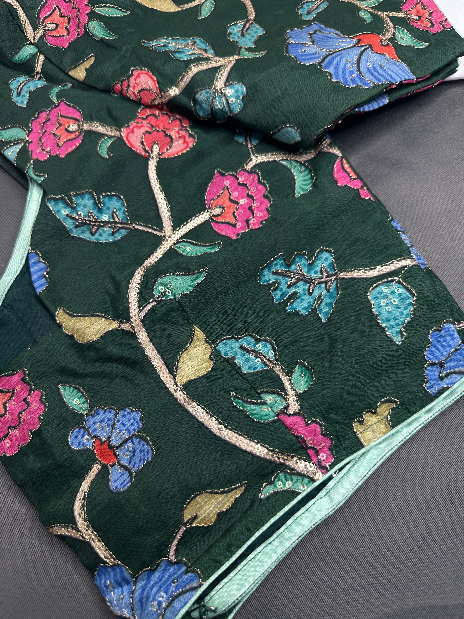 Green Multi Color Pen Kalamakari Ready Made Blouse - 