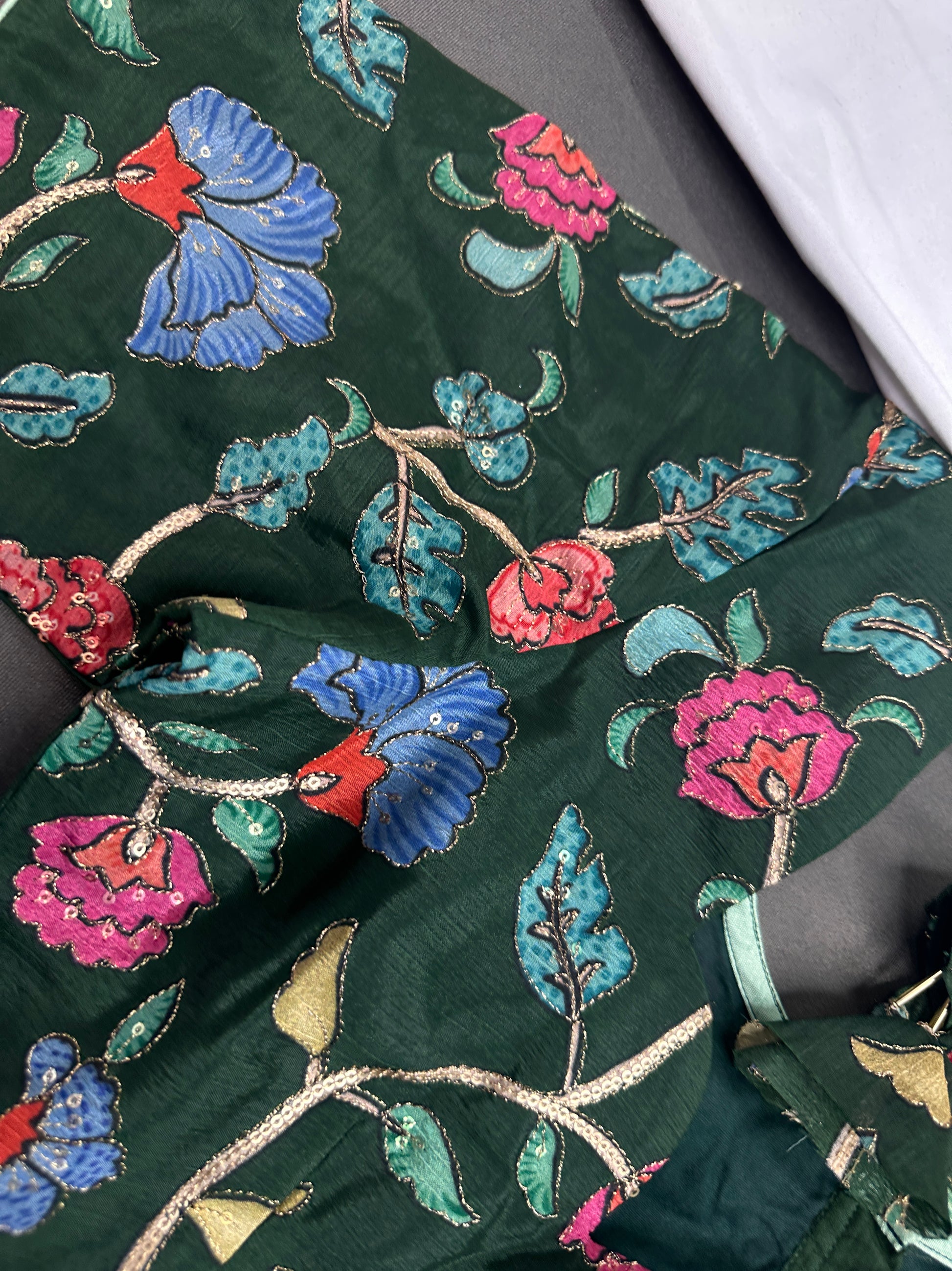 Green Multi Color Pen Kalamakari Ready Made Blouse - 
