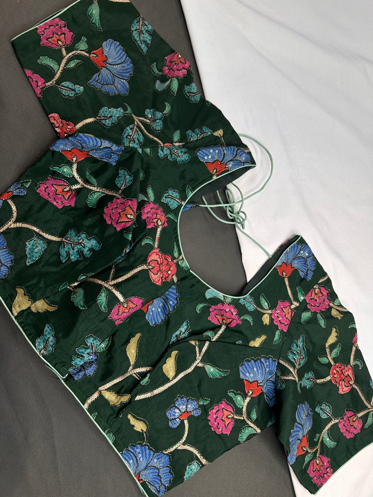 Green Multi Color Pen Kalamakari Ready Made Blouse - 