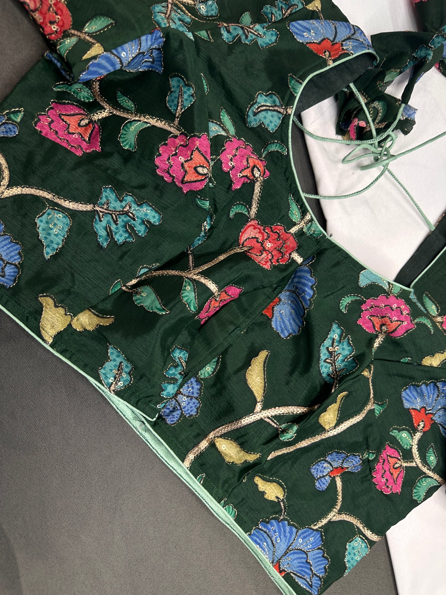 Green Multi Color Pen Kalamakari Ready Made Blouse - 