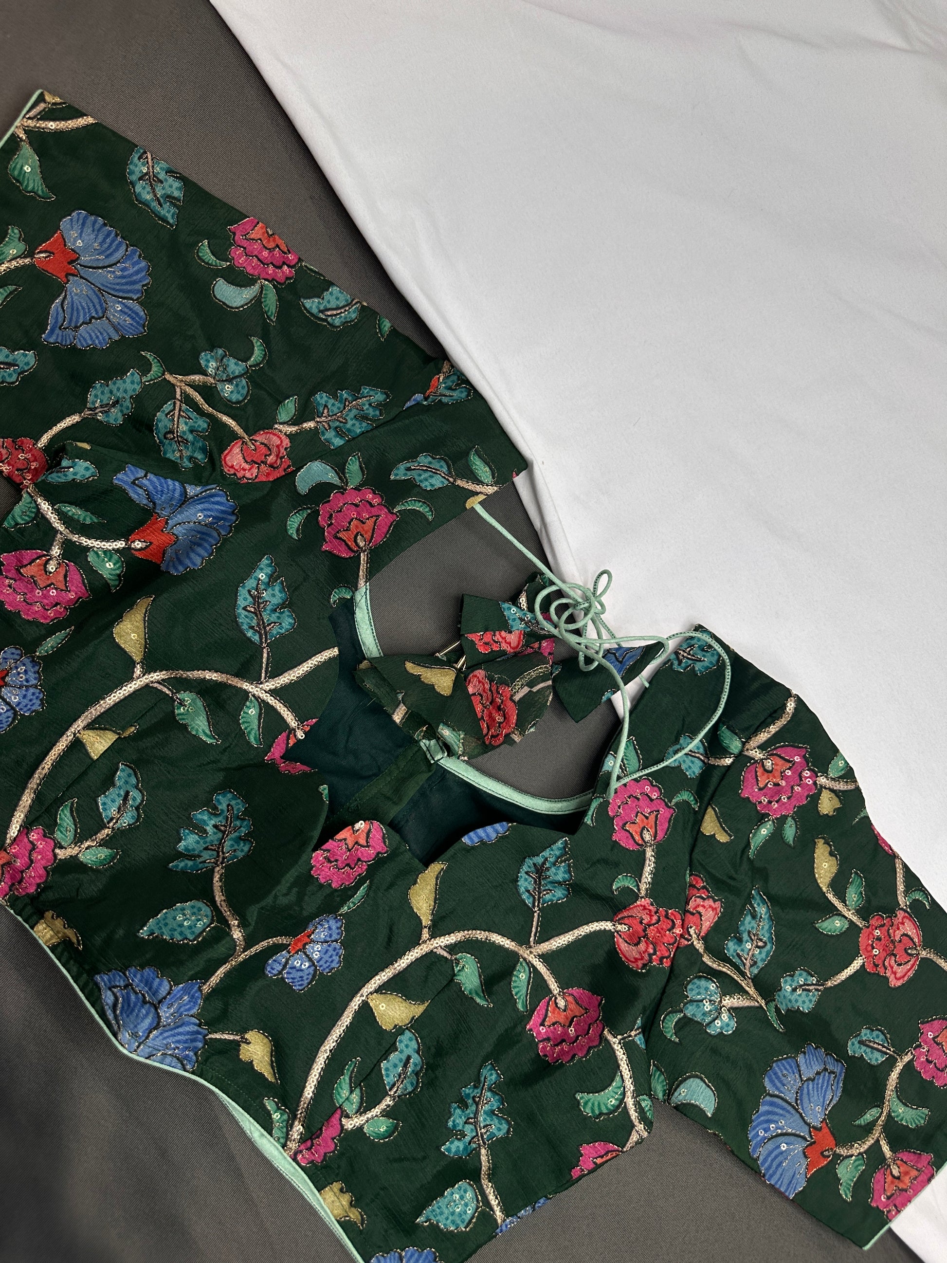 Green Multi Color Pen Kalamakari Ready Made Blouse - 