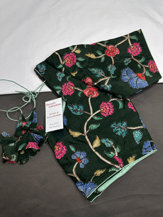 Green Multi Color Pen Kalamakari Ready Made Blouse - 