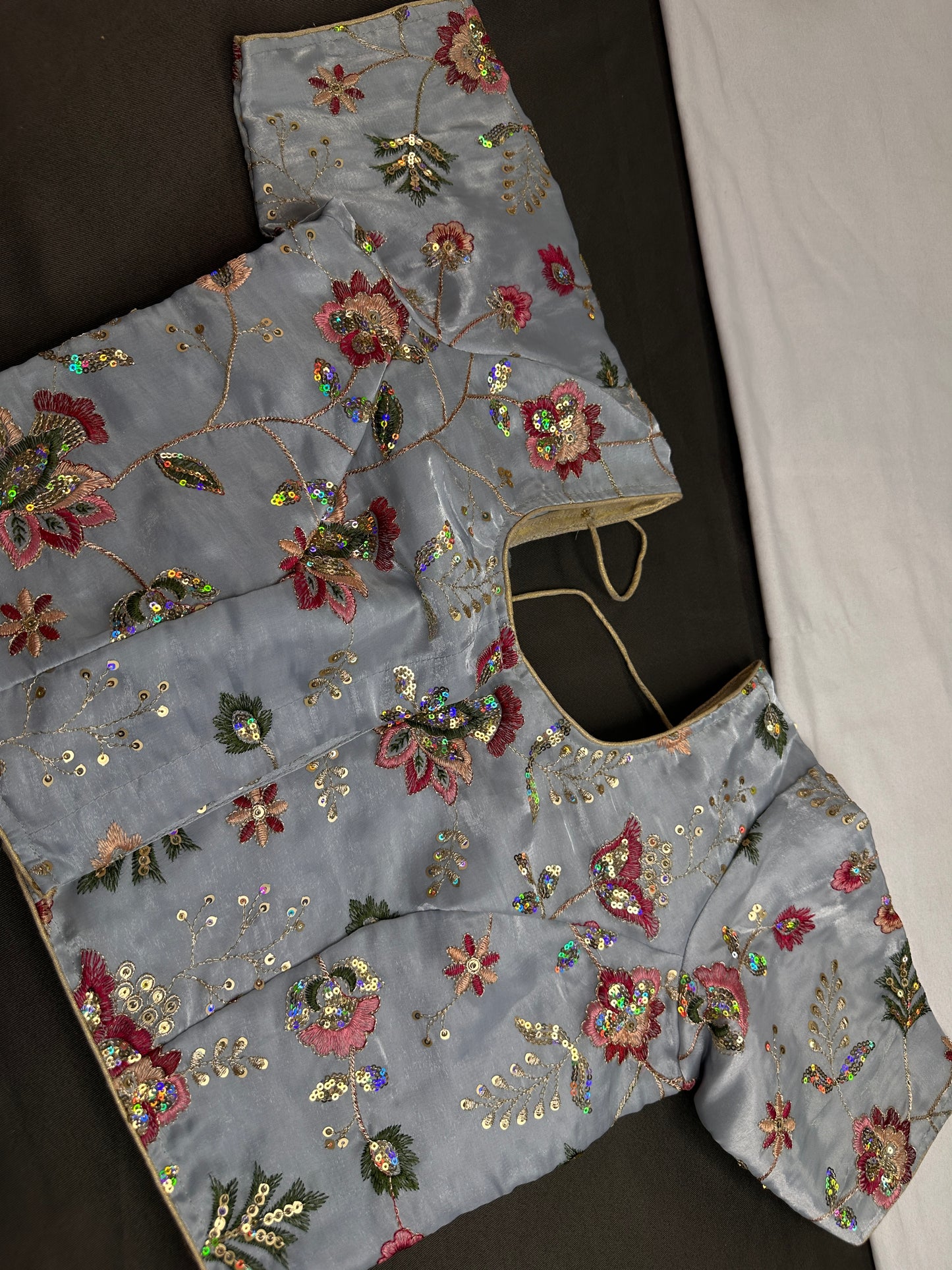 Blue Sequins Multi Color Embroidery Silk Blouse - 