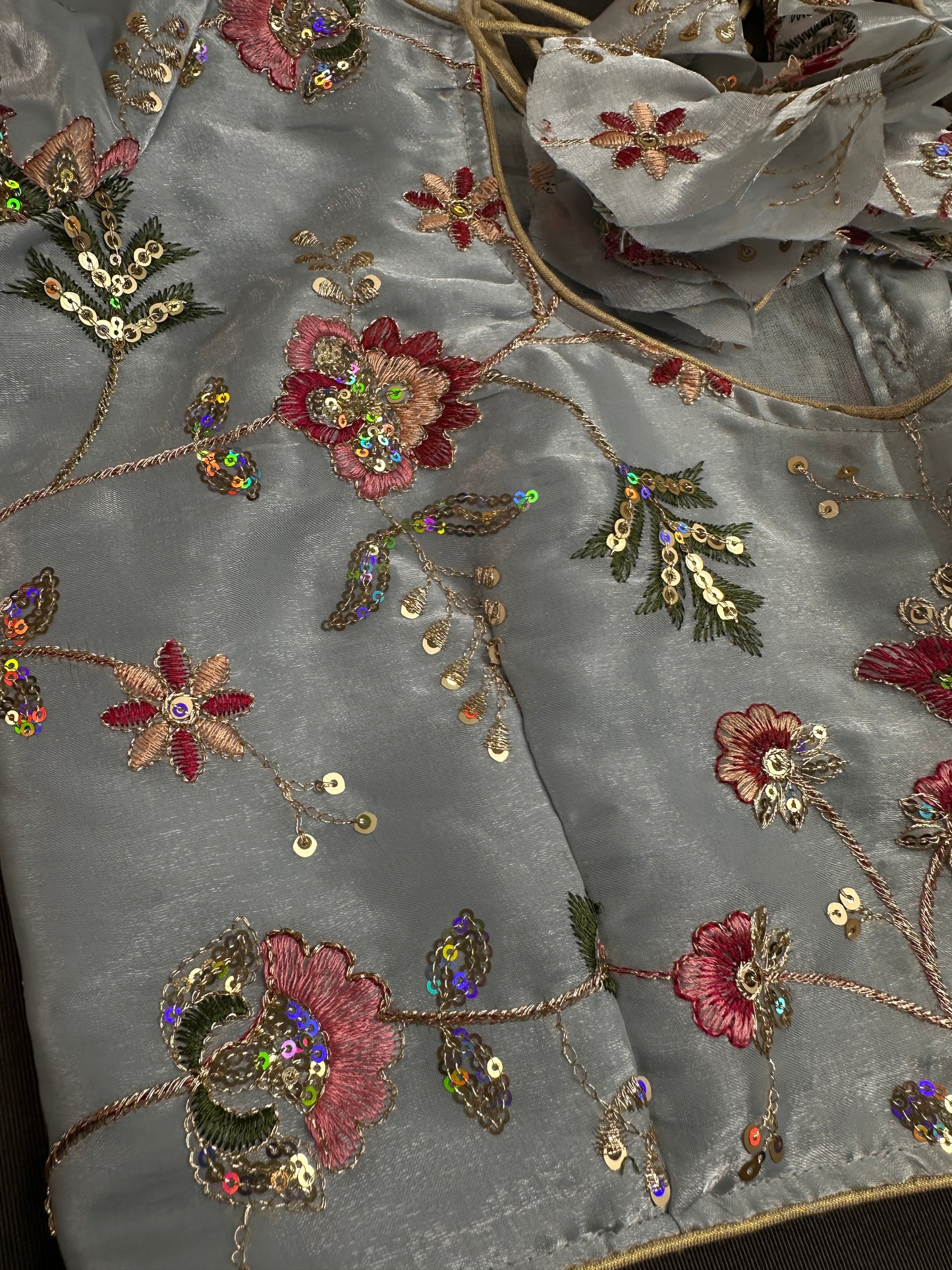 Blue Sequins Multi Color Embroidery Silk Blouse - 