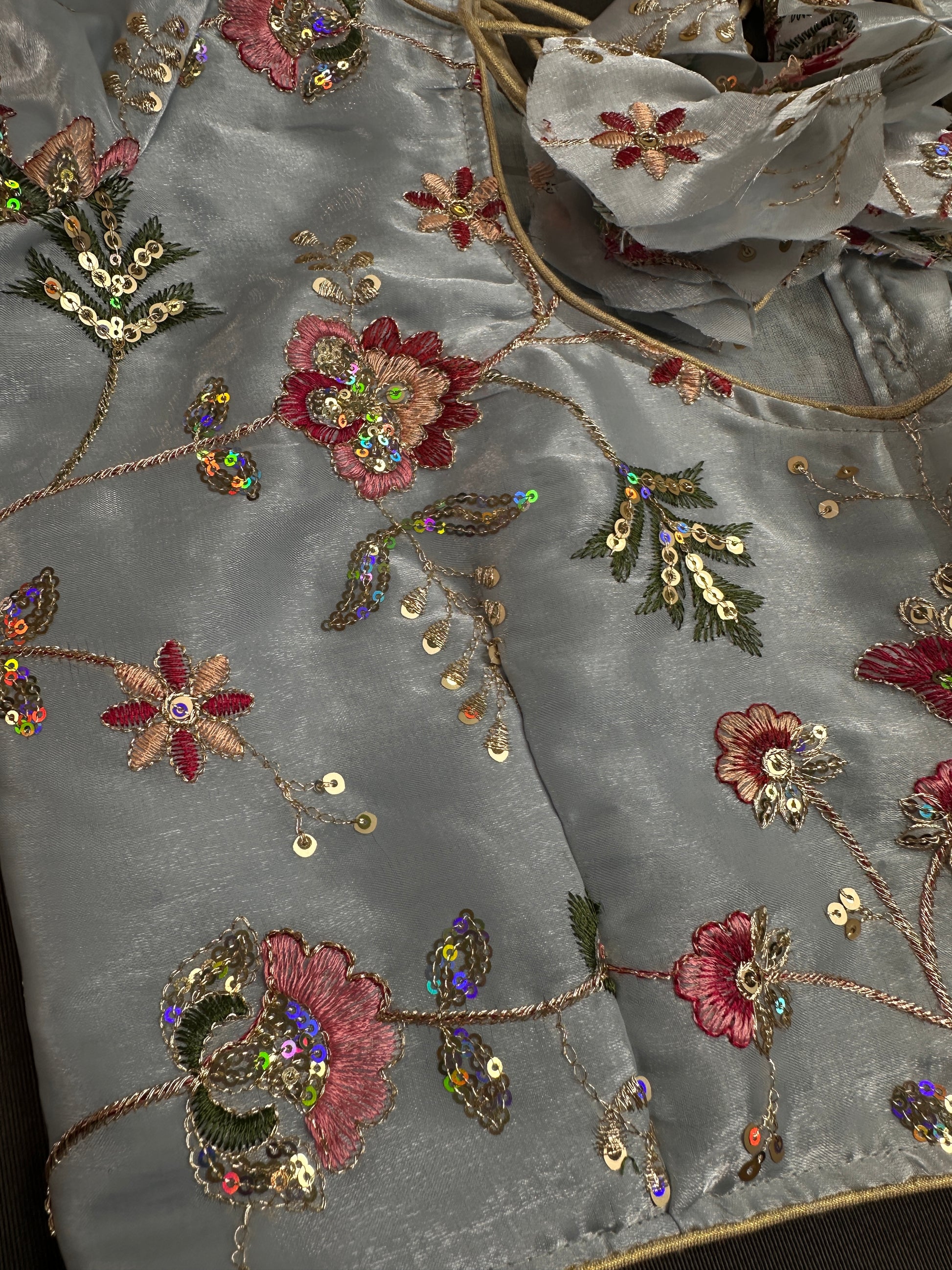 Blue Sequins Multi Color Embroidery Silk Blouse - 