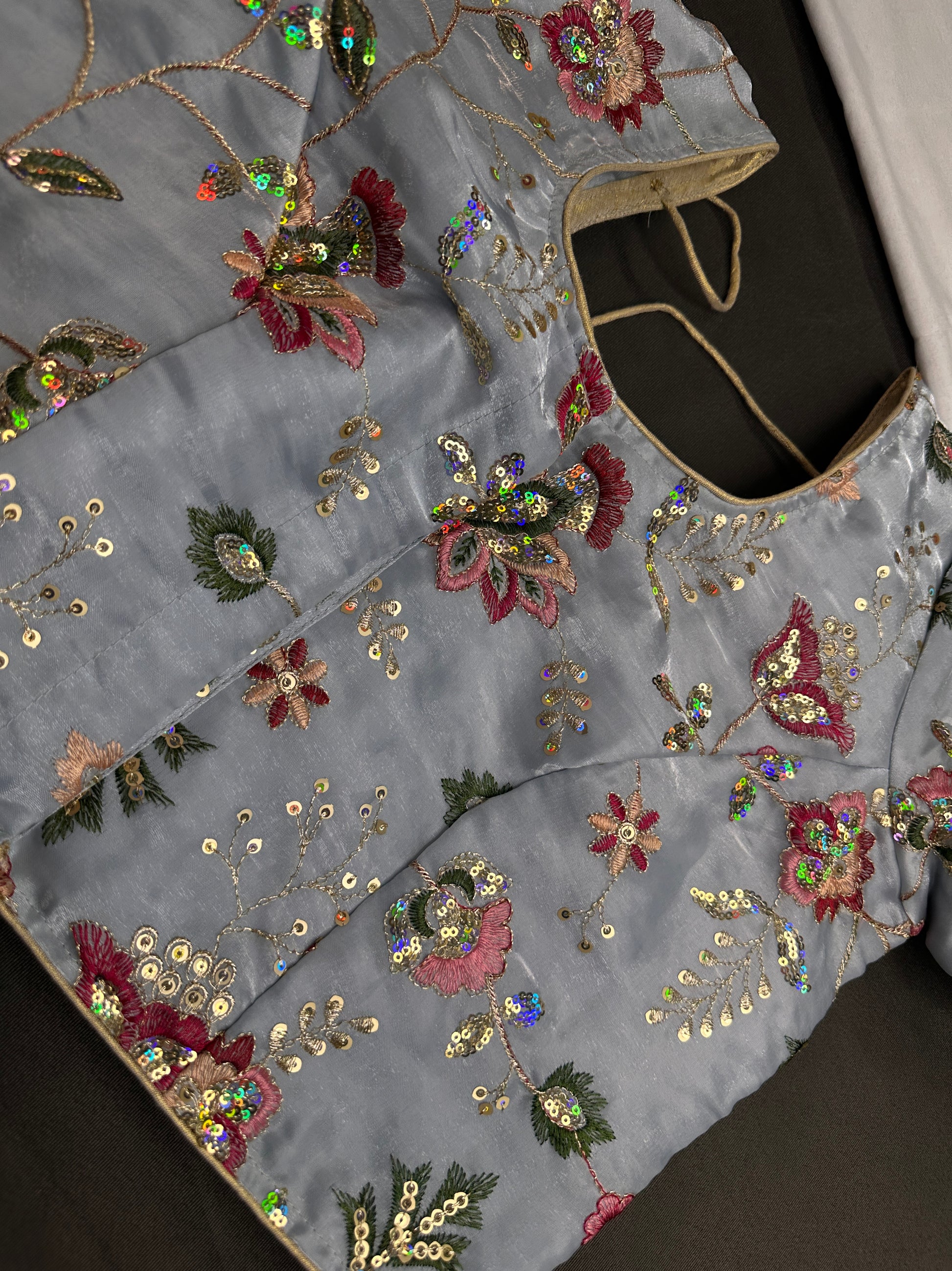 Blue Sequins Multi Color Embroidery Silk Blouse - 
