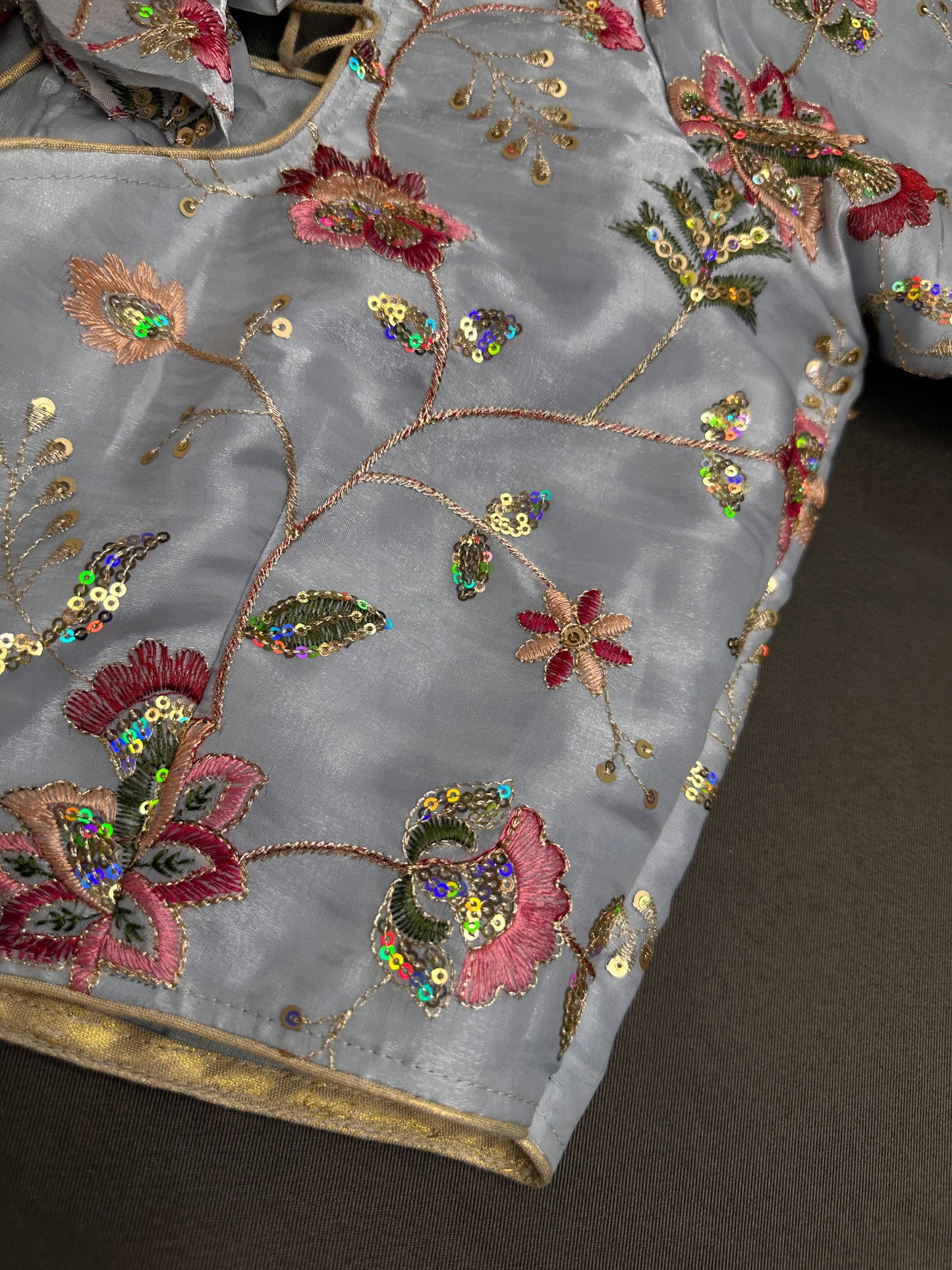 Blue Sequins Multi Color Embroidery Silk Blouse - 