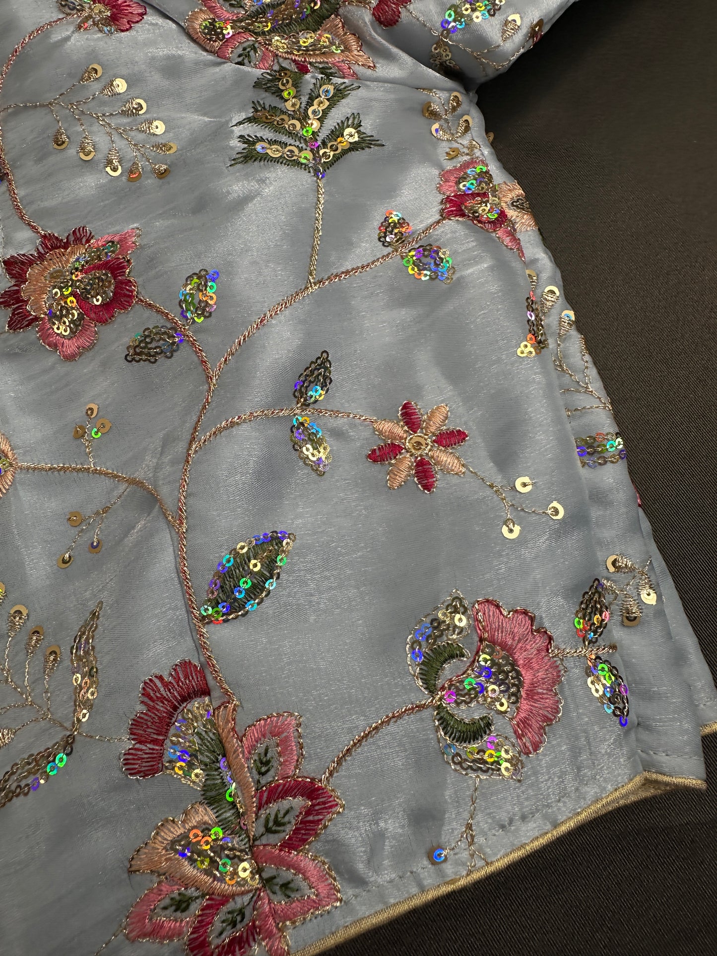 Blue Sequins Multi Color Embroidery Silk Blouse - 