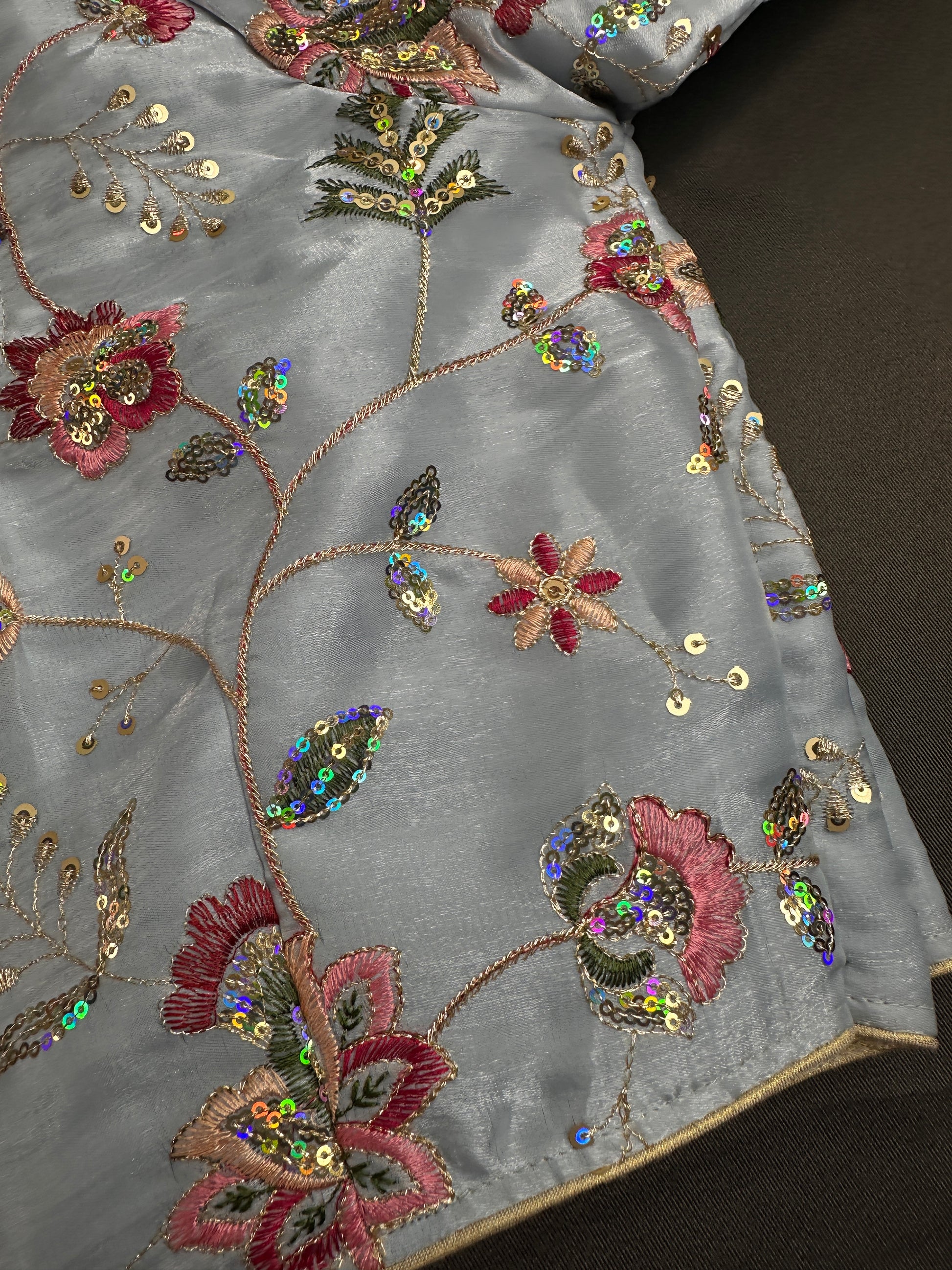 Blue Sequins Multi Color Embroidery Silk Blouse - 