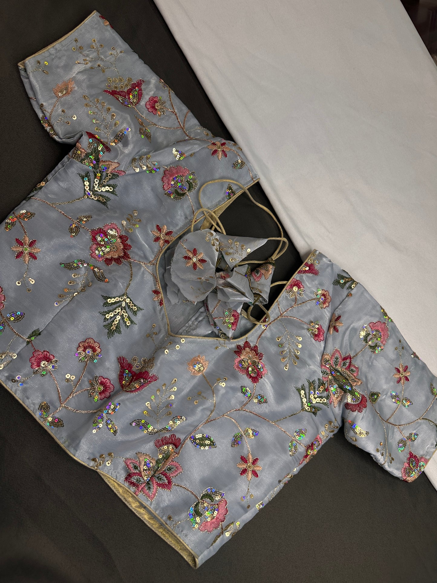 Blue Sequins Multi Color Embroidery Silk Blouse - 