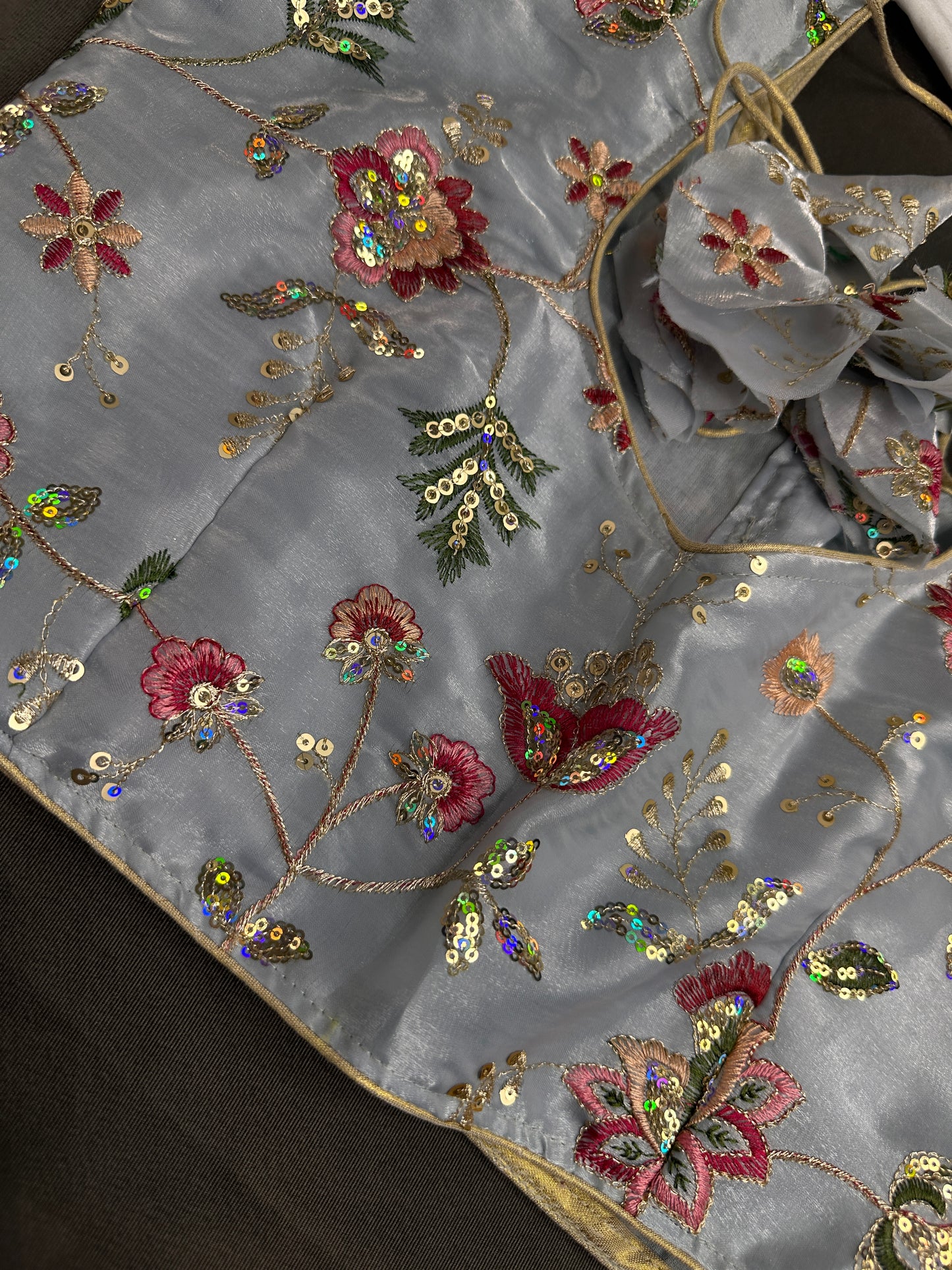 Blue Sequins Multi Color Embroidery Silk Blouse - 