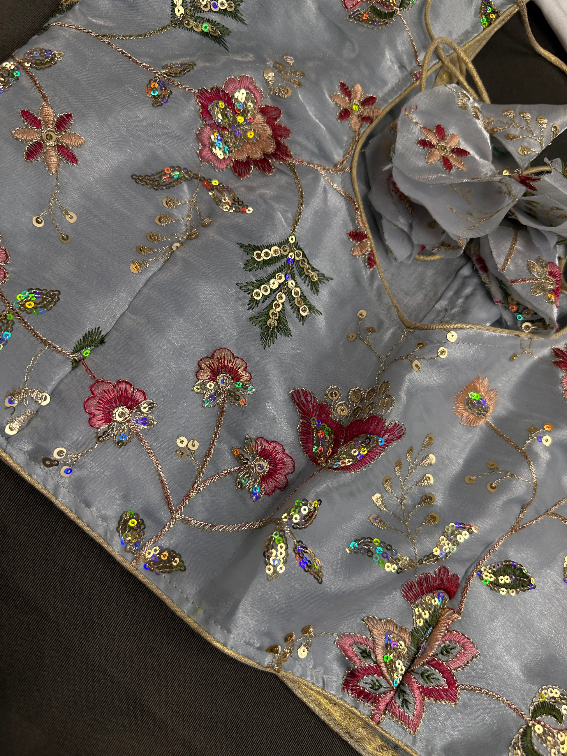 Blue Sequins Multi Color Embroidery Silk Blouse - 