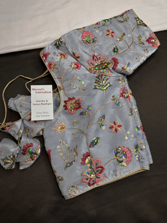 Blue Sequins Multi Color Embroidery Silk Blouse - 