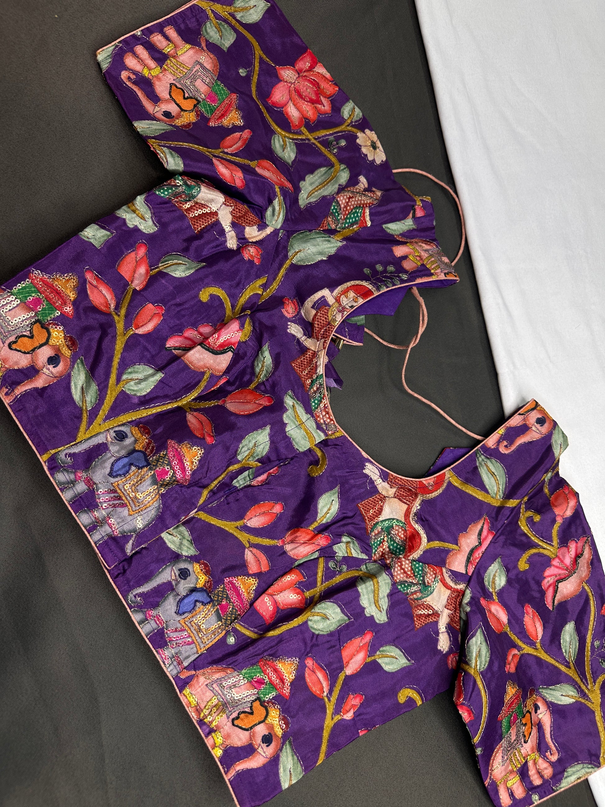 Purple Multi Color Pen Kalamakari Ready Made Blouse - 