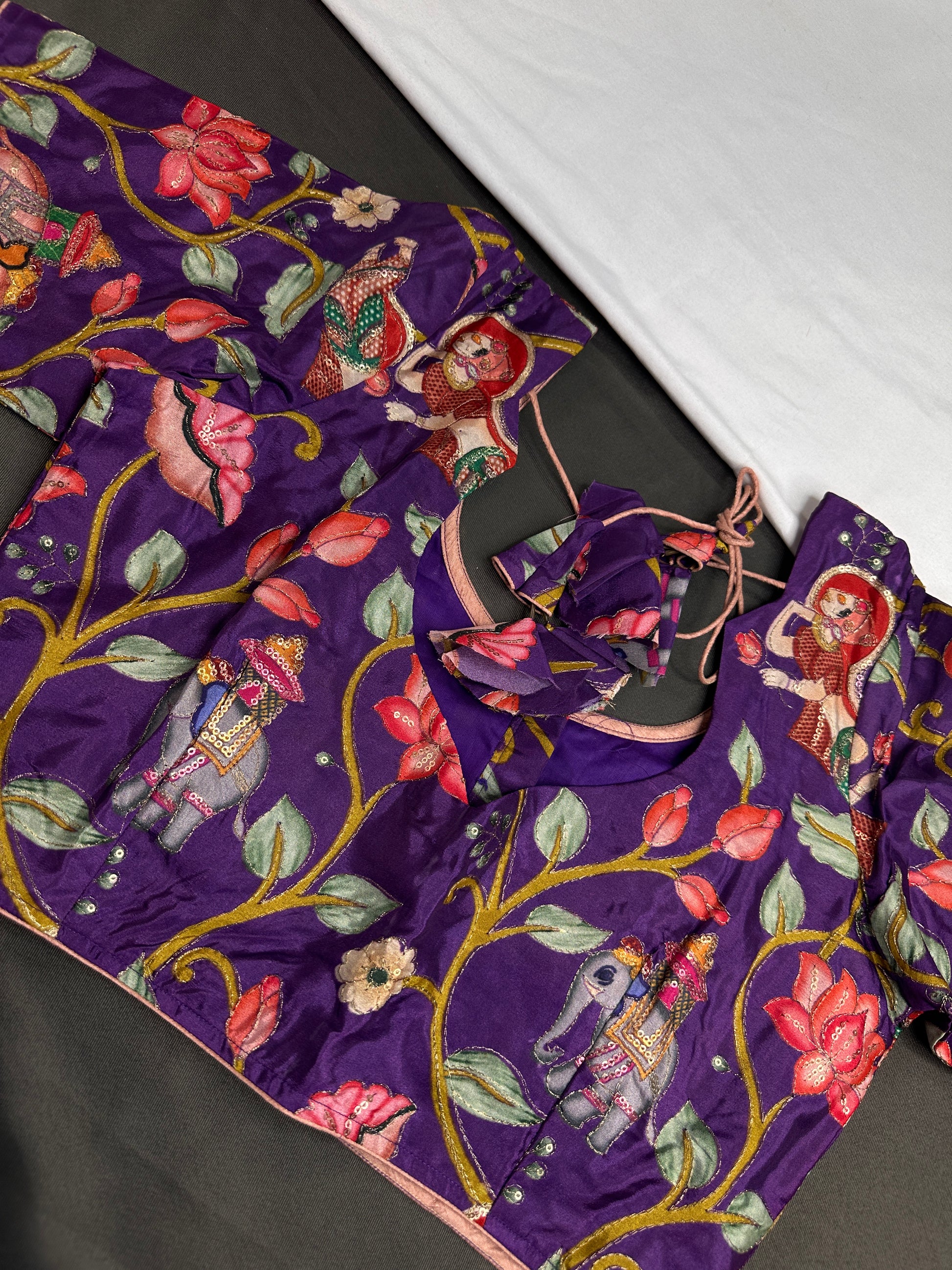 Purple Multi Color Pen Kalamakari Ready Made Blouse - 