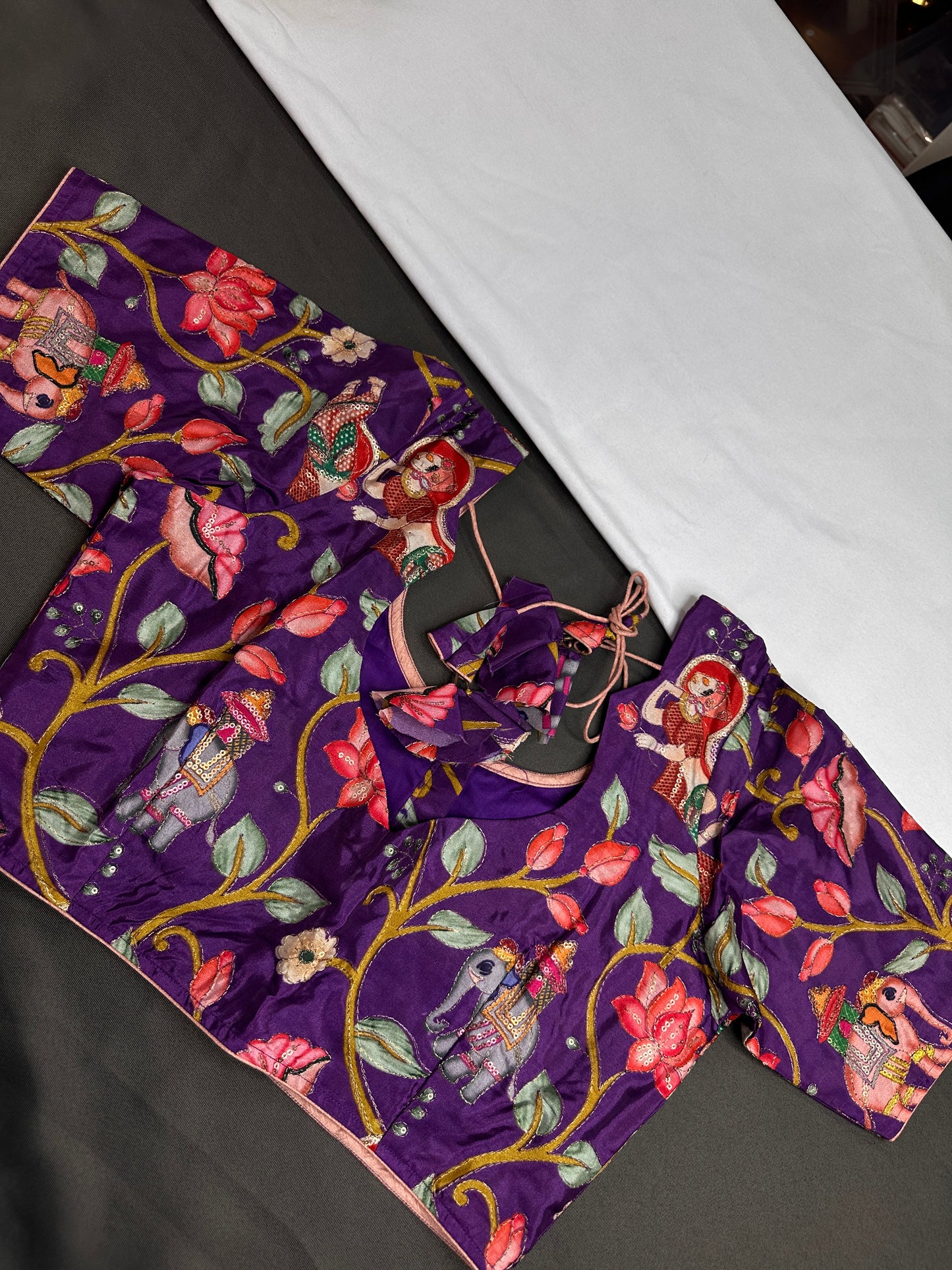 Purple Multi Color Pen Kalamakari Ready Made Blouse - 