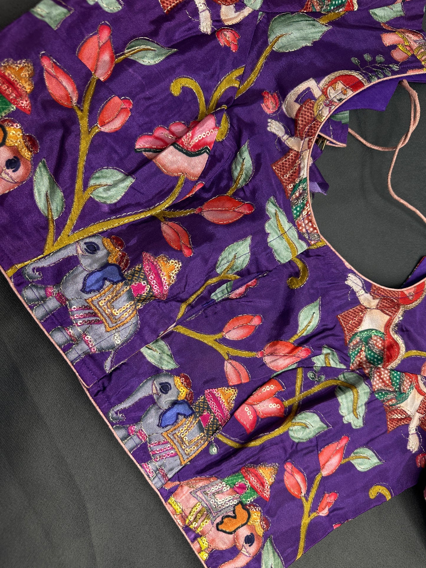 Purple Multi Color Pen Kalamakari Ready Made Blouse - 