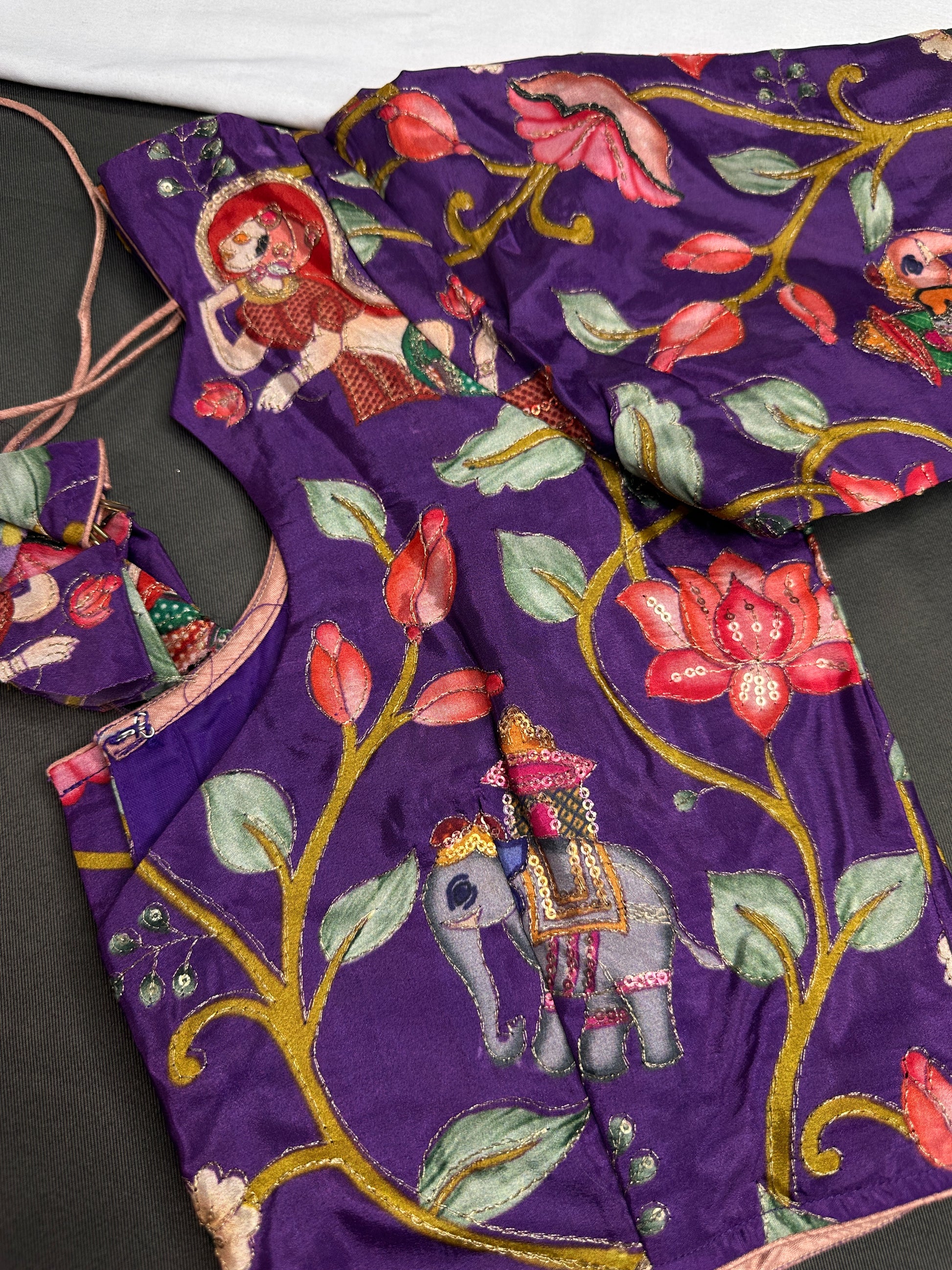 Purple Multi Color Pen Kalamakari Ready Made Blouse - 