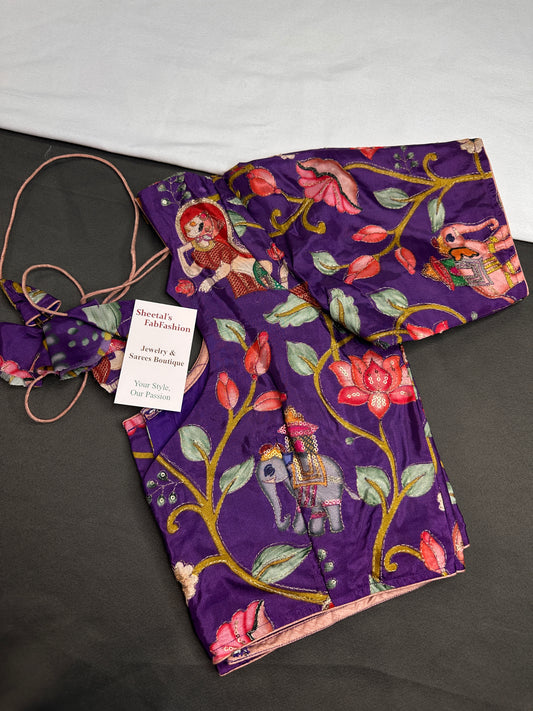 Purple Multi Color Pen Kalamakari Ready Made Blouse - 