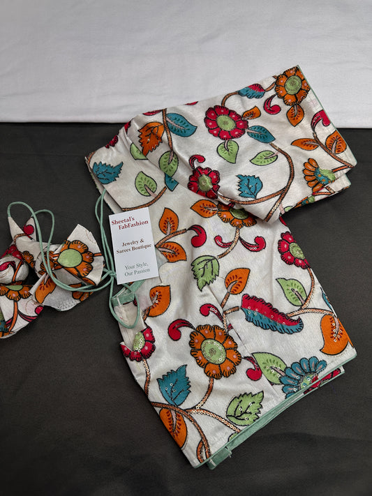 Half White Multi Color Kalamakari Ready Made Blouse - 
