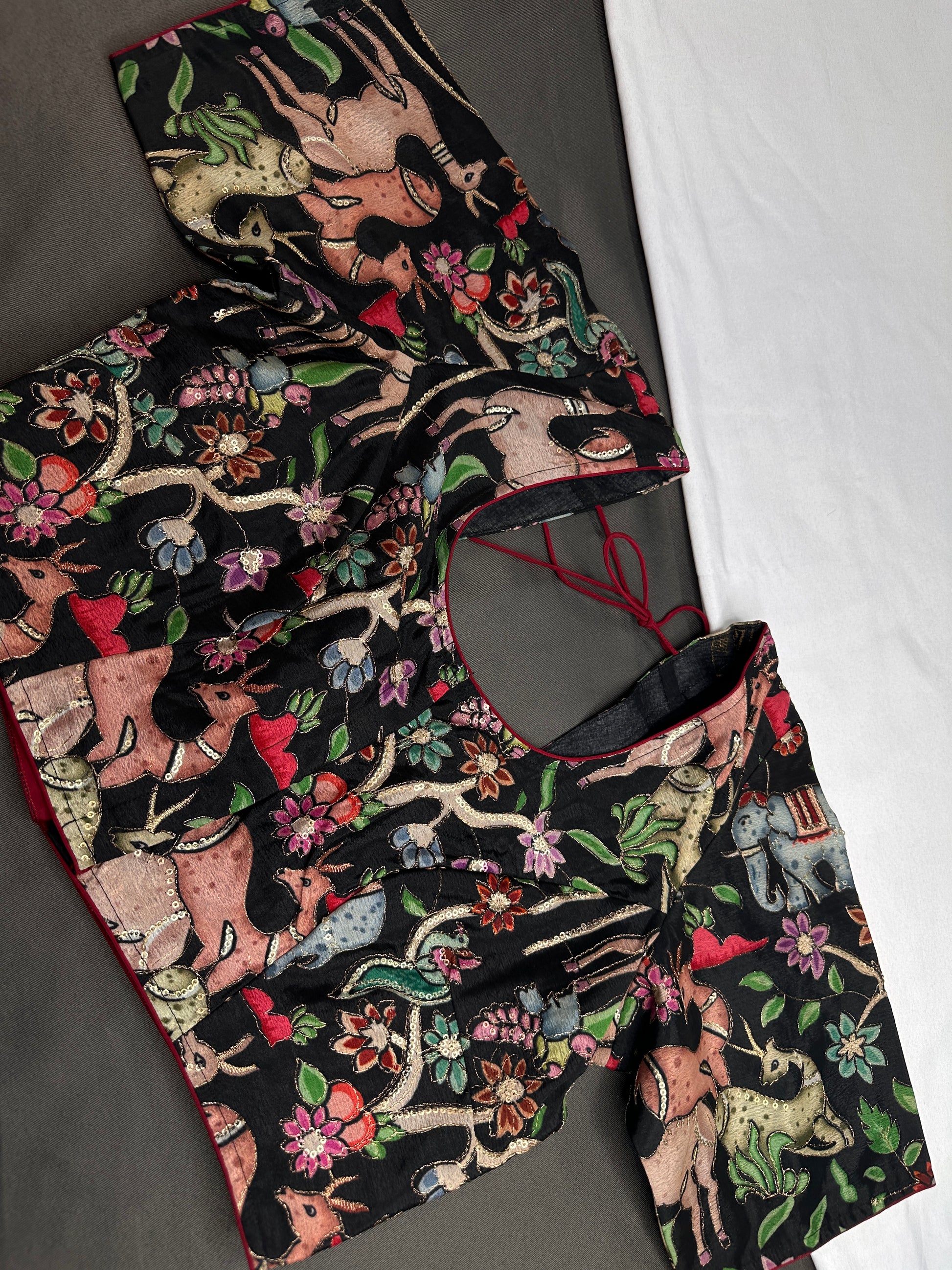 Black Multi Color Kalamakari Ready Made Blouse - 