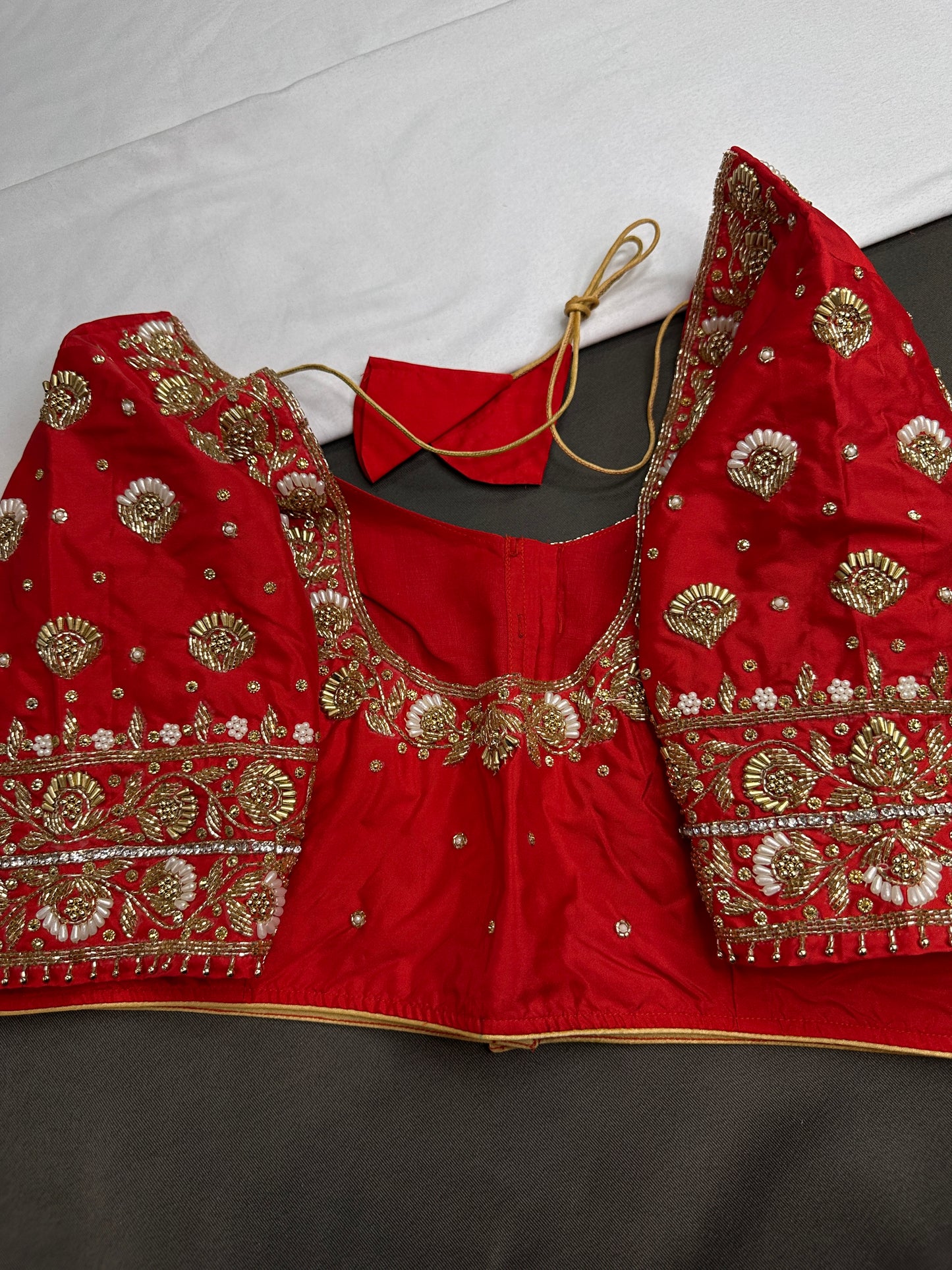 Orangish Red Silk Maggam Aari Work Blouse - 