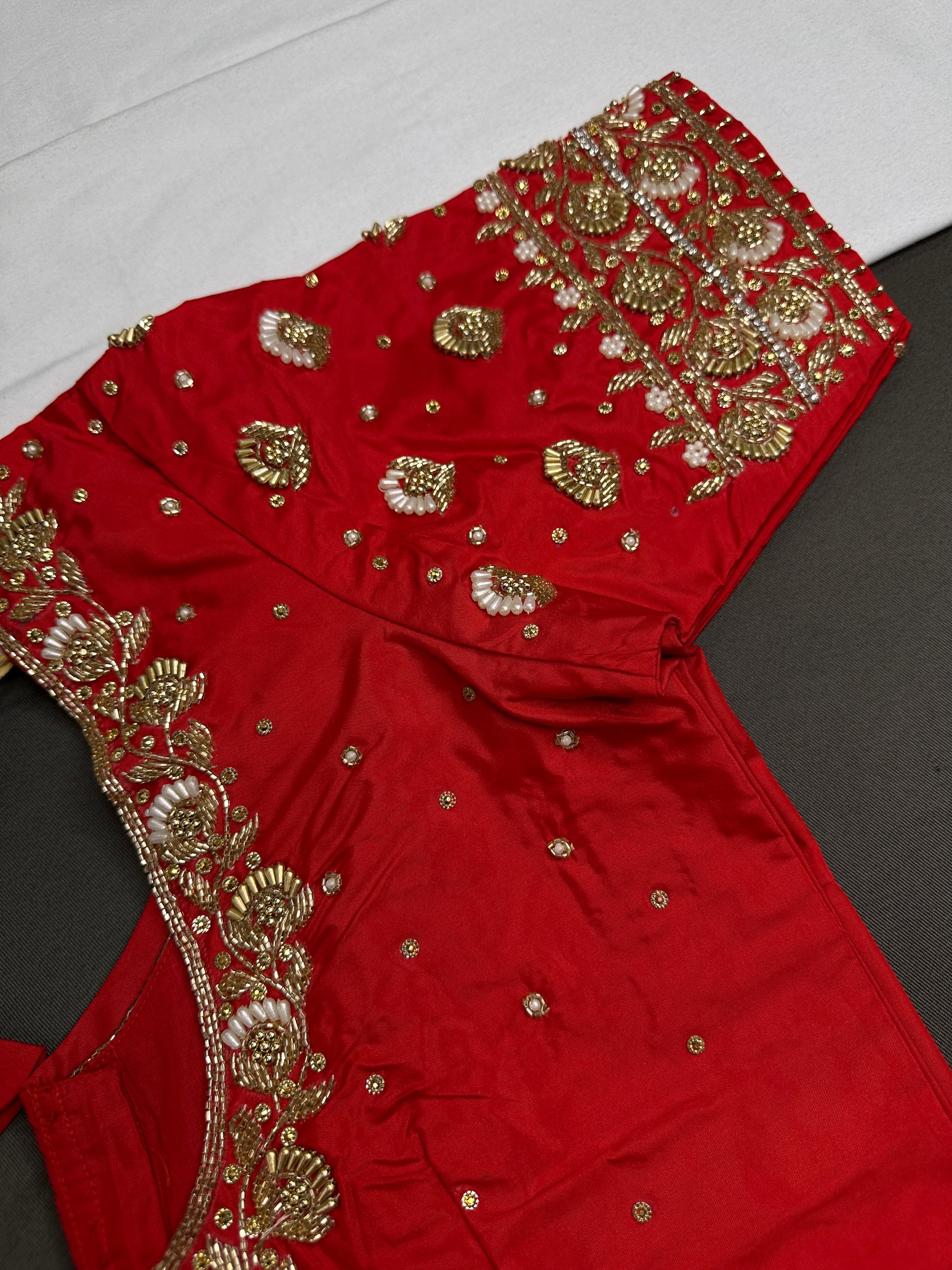 Orangish Red Silk Maggam Aari Work Blouse - 