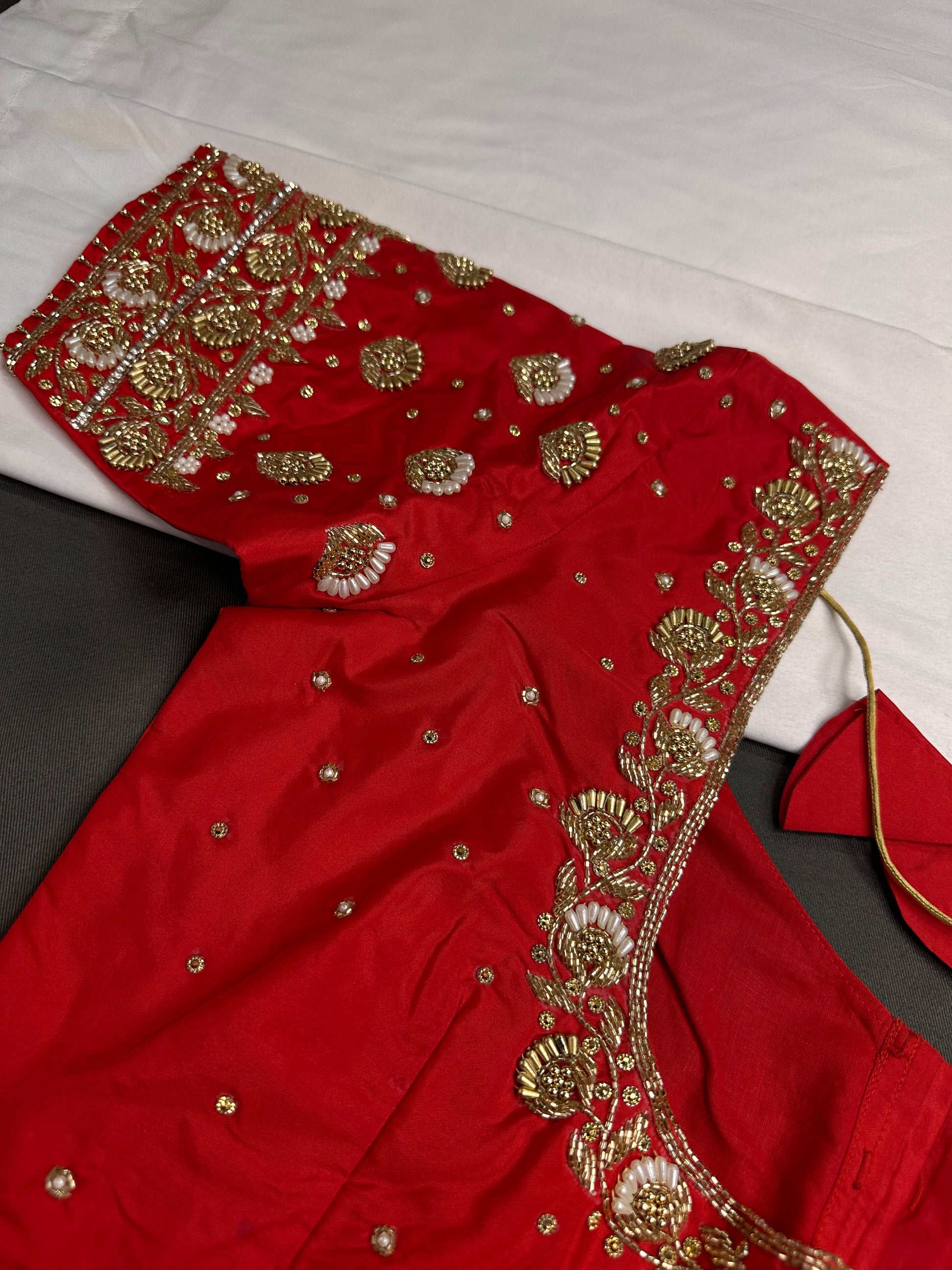 Orangish Red Silk Maggam Aari Work Blouse - 