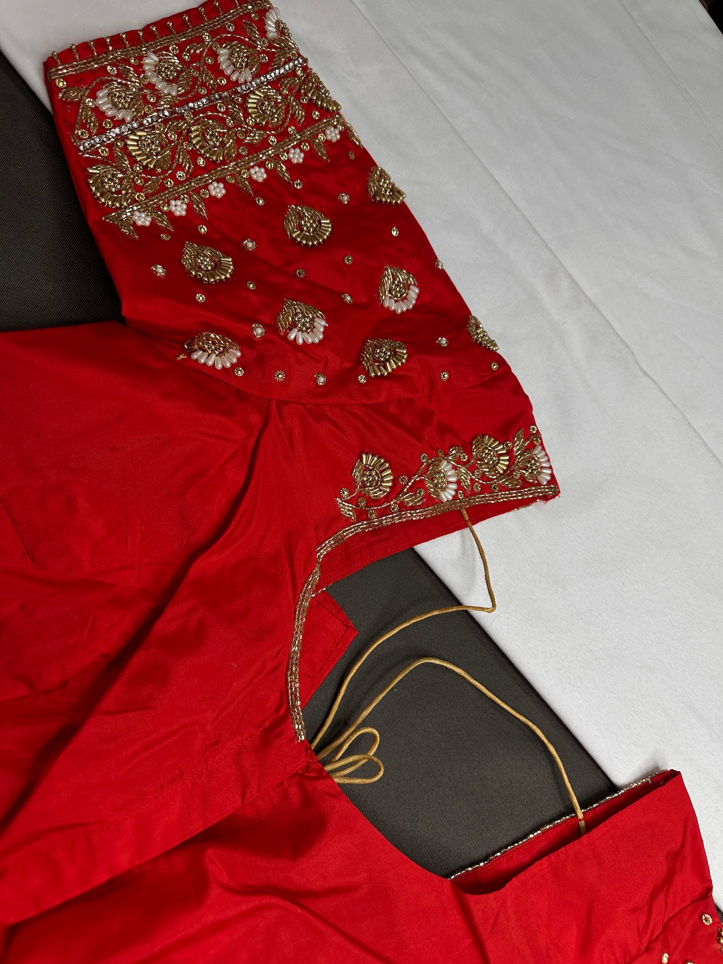 Orangish Red Silk Maggam Aari Work Blouse - 
