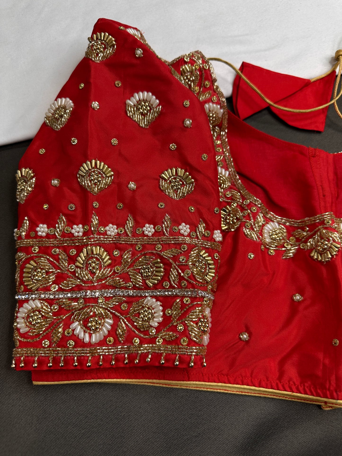 Orangish Red Silk Maggam Aari Work Blouse - 