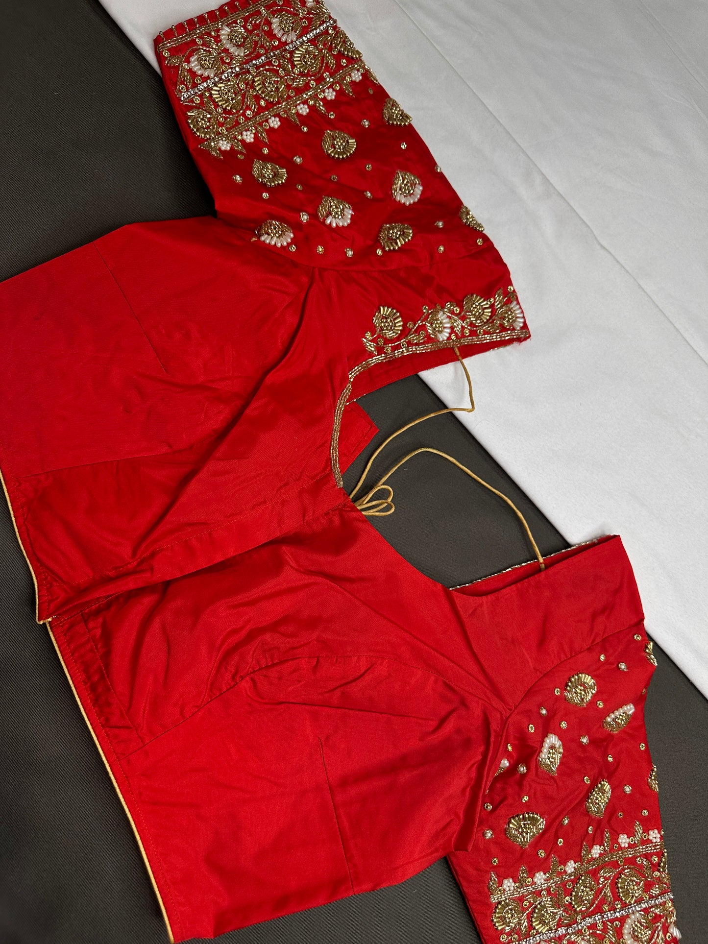 Orangish Red Silk Maggam Aari Work Blouse - 