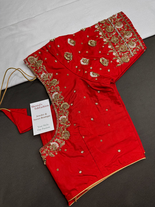 Orangish Red Silk Maggam Aari Work Blouse - 